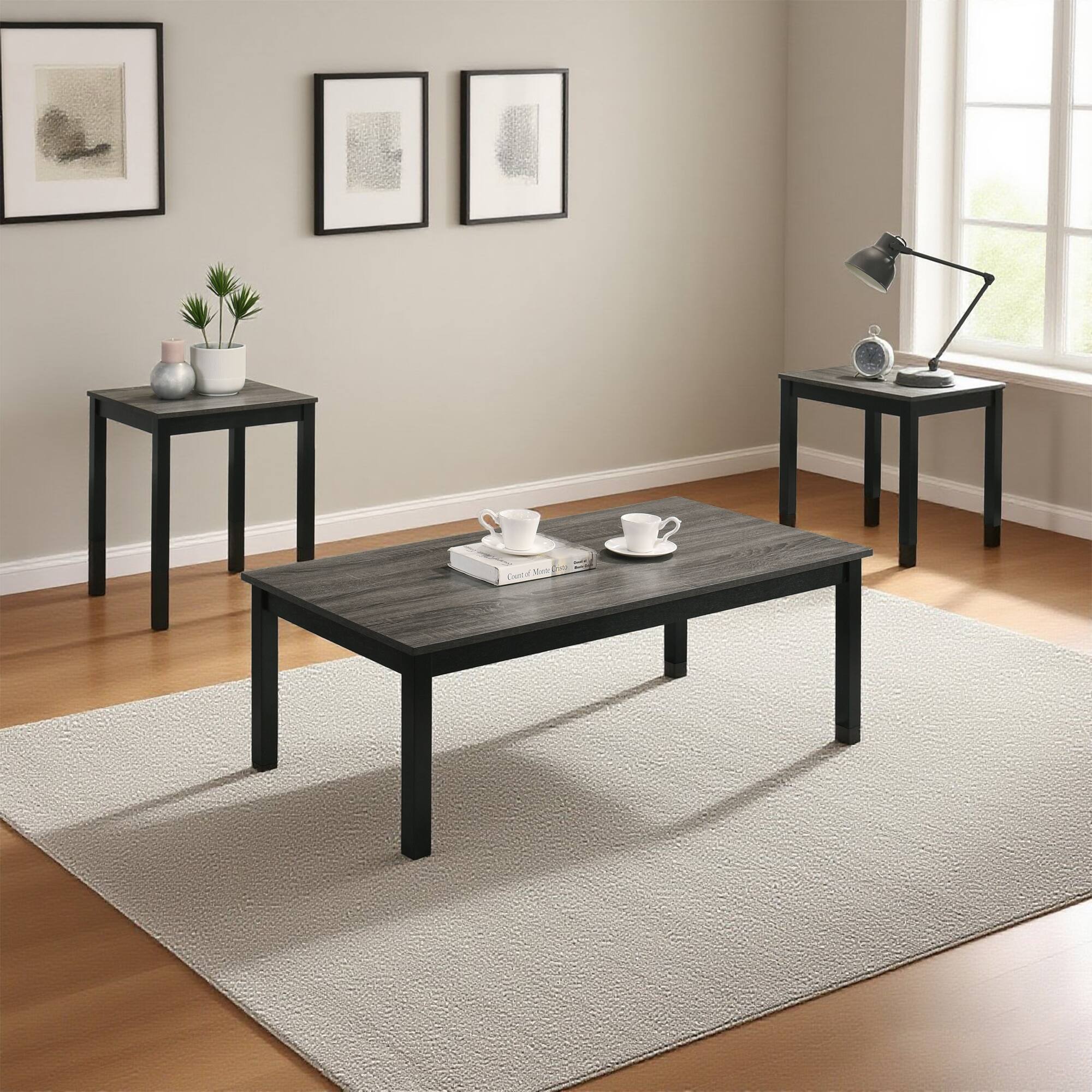 Angle. Vaczon - Modern 3Pc Table Set Featuring Rubberwood Solid Legs and Easy-Care Engineered Wood Surface - Gray.