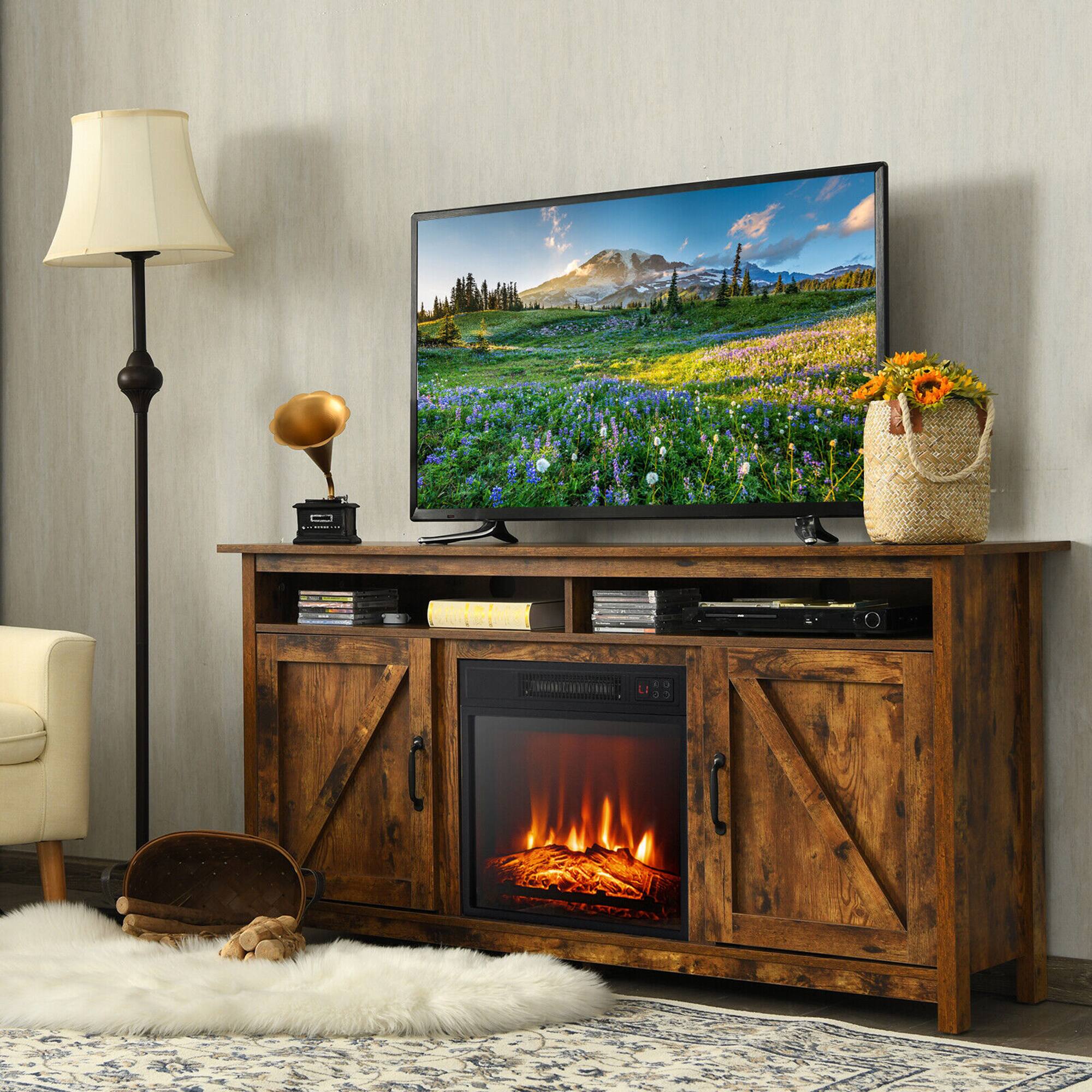 Alt View 3. Gymax - Gymax 60'' Industrial Fireplace TV Stand W/ 18'' 1400W Electric Fireplace - Brown.