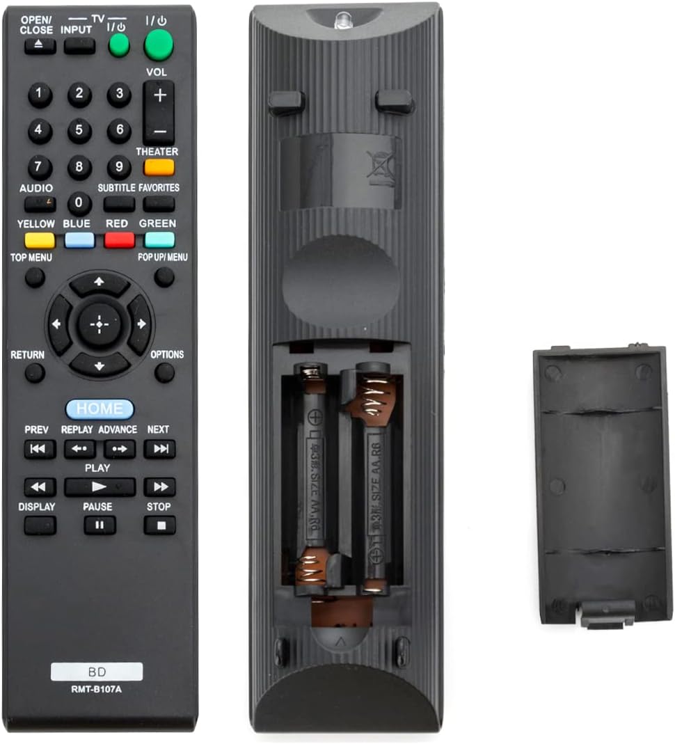 OPEN/ TV CLOSE INPUT 1/0 1/0 VOL 1 2 3 + 4 5 6 - 7 8 THEATER 9 AUDIO E 0 SUBTITLE FAVORITES YELLOW BLUE RED GREEN TOP MENU FOP UPI MENU RETURN OPTIONS HOME PREV REPLAY ADVANCE NEXT D PLAY DISPLAY PAUSE STOP " + 43.SIZE AA.RO AA.RB SIZE 3 e BD RMT-B107A