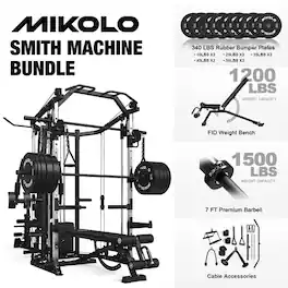 Mikolo - Smith Machine Power Cage, Multi-Function Home Gym System with Cable Crossover, 121LB Weight Stack - Black