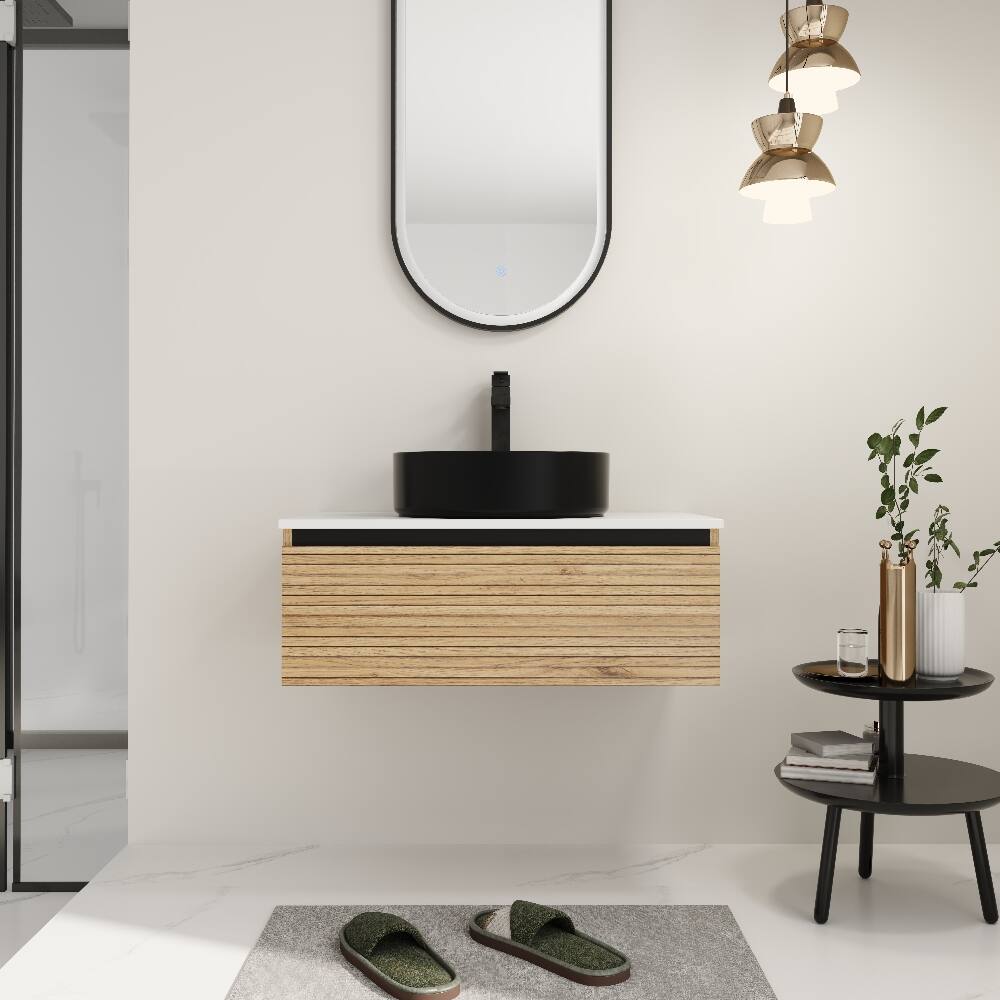 Angle. Loheer - Loheer 30 inch wall mounted bathroom vanity Light Coffee with Black Art Ceramic Sink - Light Coffee.