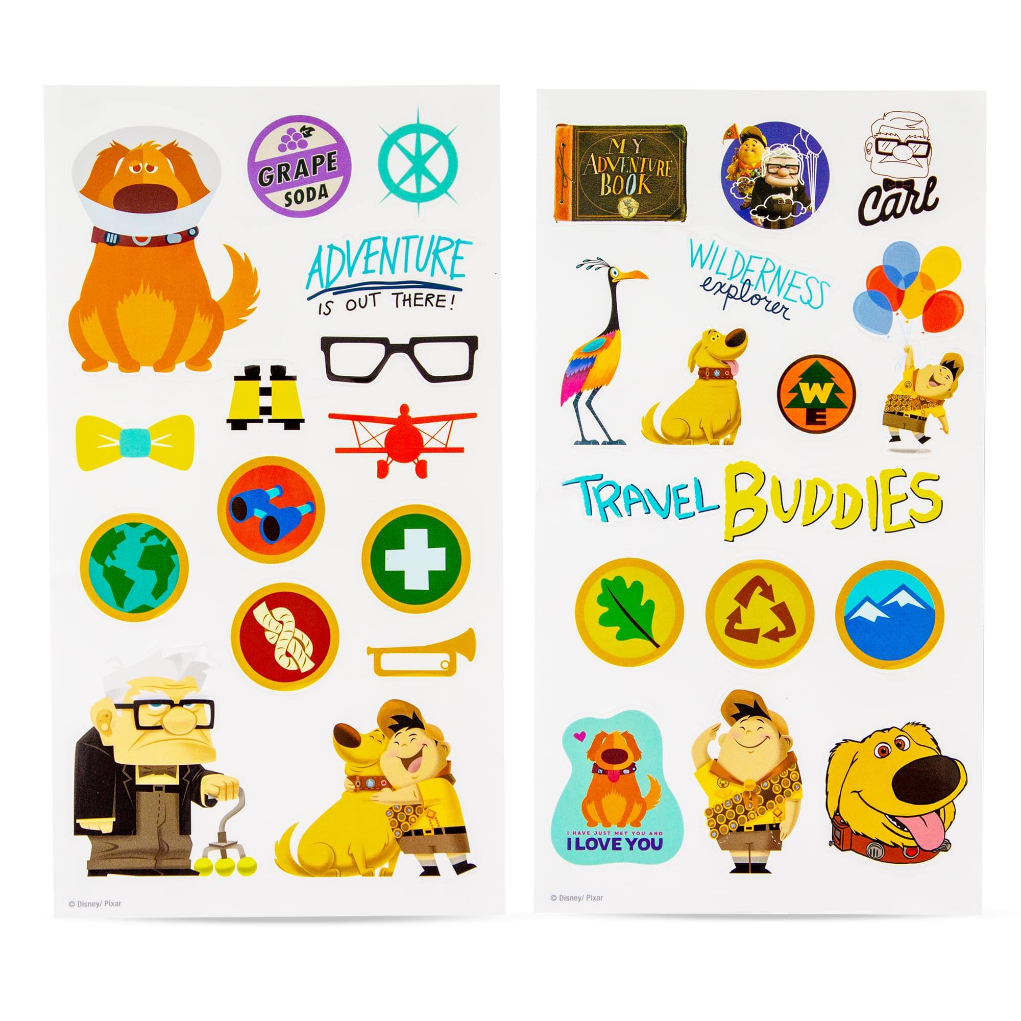 **Left Page:**

- GRAPE SODA
- ADVENTURE IS OUT THERE!
- MY ADVENTURE BOOK
- Carl
- WILDERNESS explorer
- TRAVEL BUDDIES
- I LOVE YOU

**Right Page:**

- MY ADVENTURE BOOK
- Carl
- WILDERNESS explorer
- TRAVEL BUDDIES
- I LOVE YOU

**Additional Elements:**

- Dog with a hat
- Binoculars
- Airplane
- Earth
- First aid cross
- Snake
- Bugle
- Giraffe
- Dog with a collar
- Tree with "W E"
- Balloons
- Leaf
- Recycling symbol
- Mountain
- Dog with a heart
- Boy with a backpack
- Dog with a tongue out