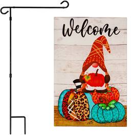G128 - Combo Pack: Garden Flag Stand 36 x 16 in & Fall Welcome Gnome on Patterned Pumpkins 12x18 Double-Sided Blockout Fabric - Assorted Colors
