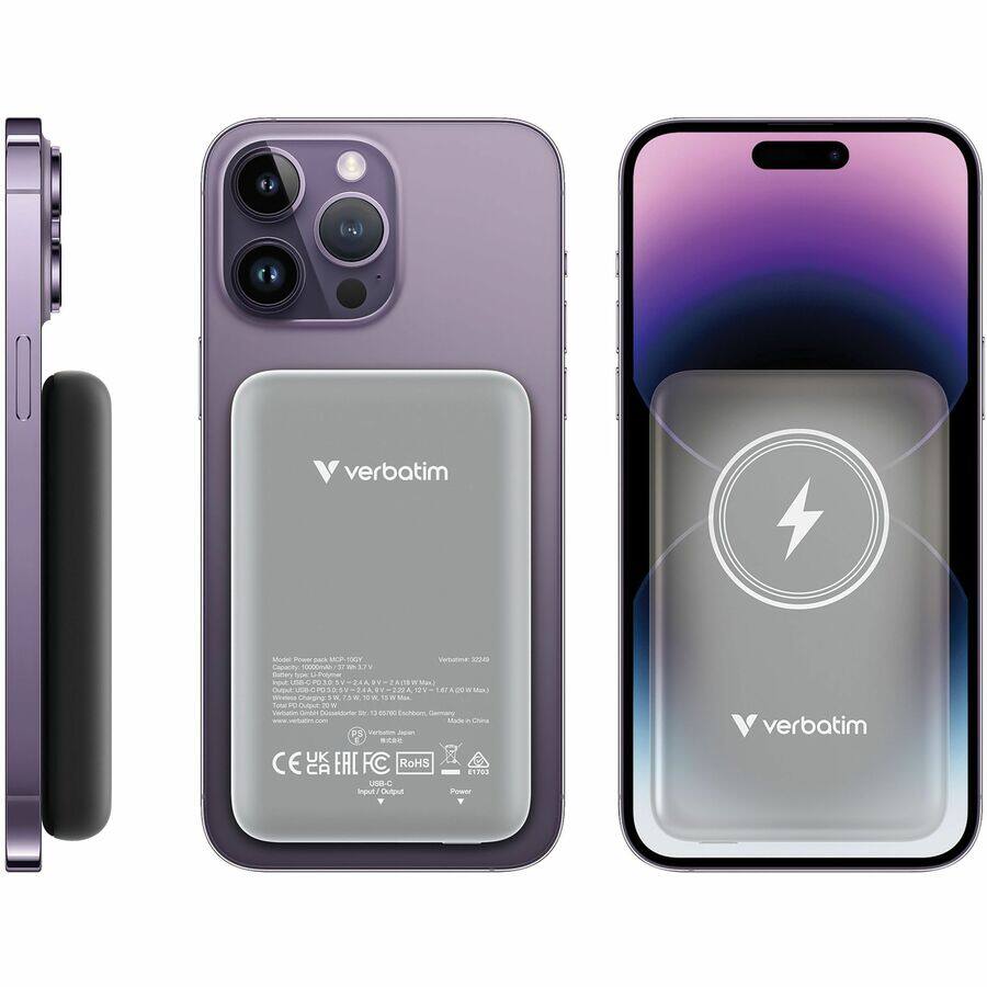 Verbatim

Model: Power Bank 20000mAh 18W
Capacity: 20000mAh (74Wh)
Input: DC 5V=2A, 9V=2A, 12V=1.5A
Output: USB-C 5V=3A, 9V=2A, 12V=1.5A (Max 18W)
USB-A 5V=2.4A, 9V=2A, 12V=1.5A (Max 18W)
USB-C Input/Output
Power: 18W

CE FCC RoHS
EAC
USB-C
Input/Output
Power

Verbatim
Verbatim