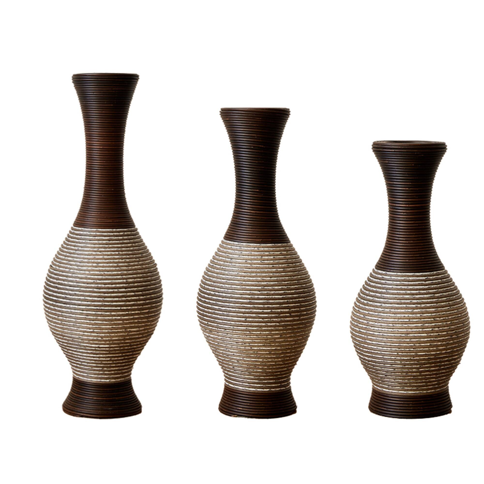 Front. Boyel Living - Set of 3 Tall PVC Floor Vases with Woven Rattan Pattern - Brown white.