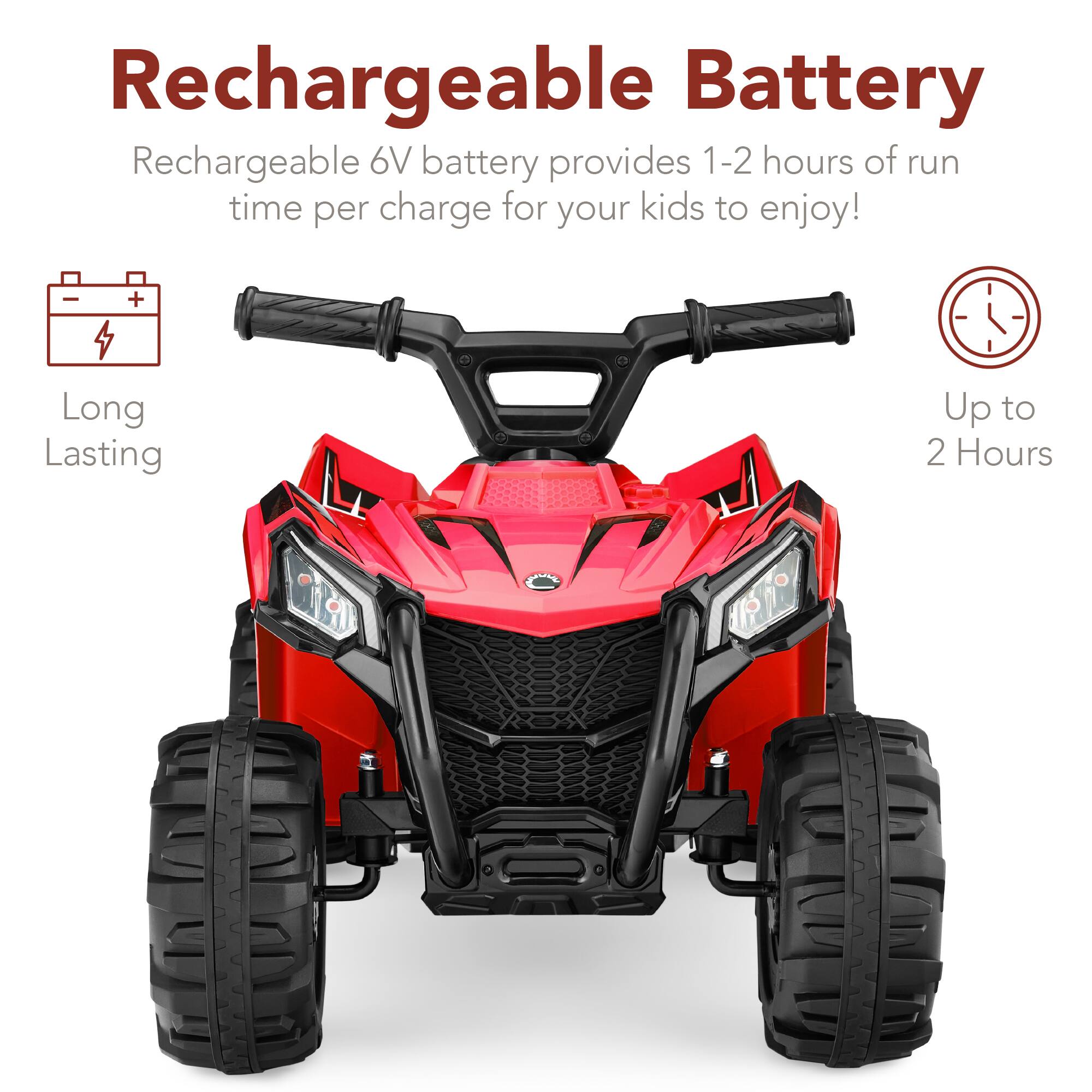 Rechargeable Battery: Rechargeable 6V battery provides 1-2 hours of run time per charge for your kids to enjoy! Long Lasting - Up to 2 Hours.