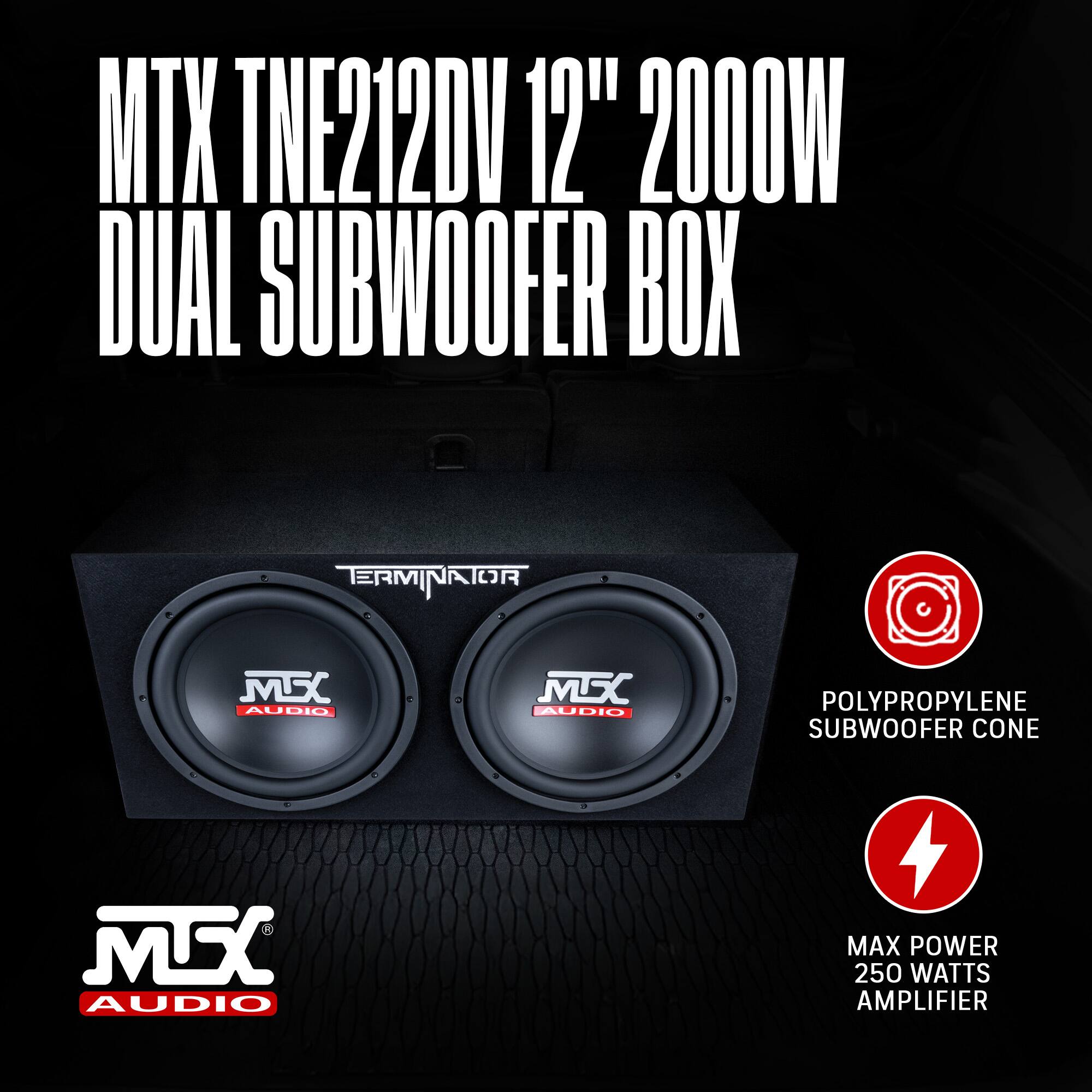 MTX TNE212DV 12" 2000W DUAL SUBWOOFER BOX

- POLYPROPYLENE SUBWOOFER CONE
- MAX POWER 250 WATTS AMPLIFIER