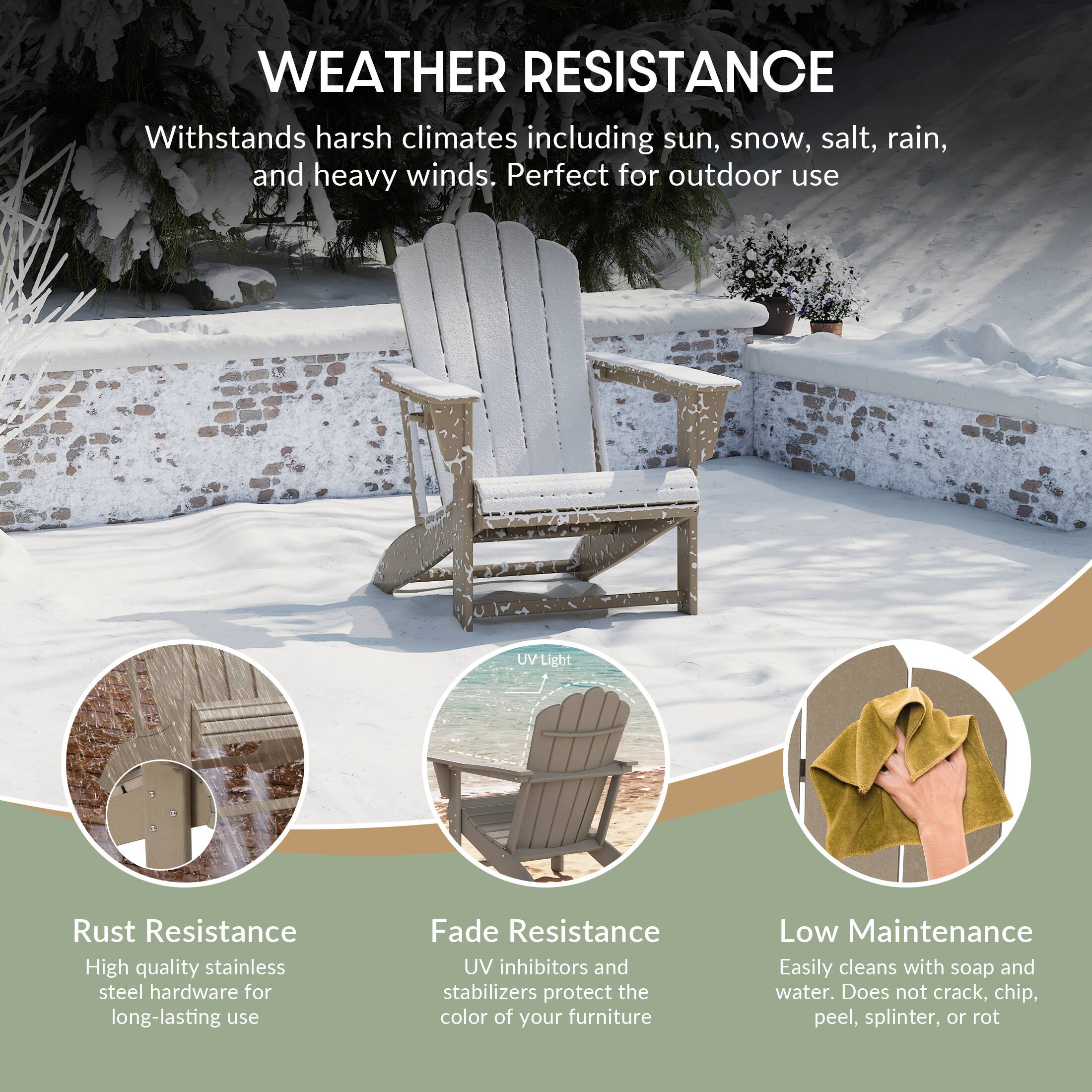 WEATHER RESISTANCE

Withstands harsh climates including sun, snow, salt, rain, and heavy winds. Perfect for outdoor use

UV Light

Rust Resistance
High quality stainless steel hardware for long-lasting use

Fade Resistance
UV inhibitors and stabilizers protect the color of your furniture

Low Maintenance
Easily cleans with soap and water. Does not crack, chip, peel, splinter, or rot