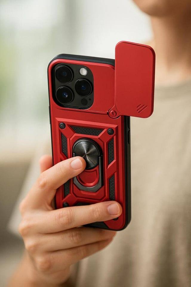 Left. Gravity Ridge - for iPhone 13 Phone Case Slide Camera Cover with Ring Stand, Heavy Duty Military Grade Shockproof Cover - Red.