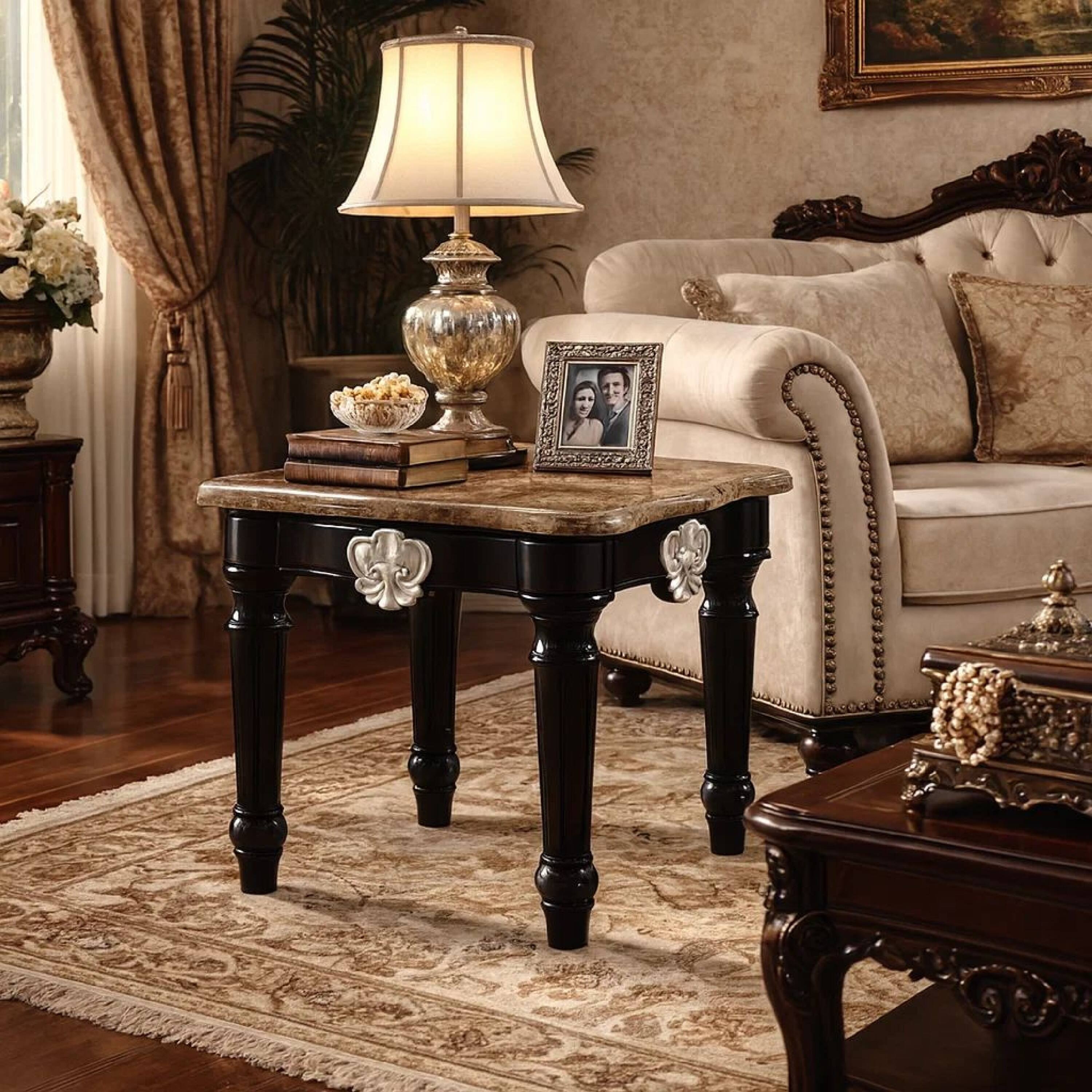 Alt View 7. Manhattan Lane - Marble Top End Table With Contrast Carved Motif Turned Wood Legs - Black.