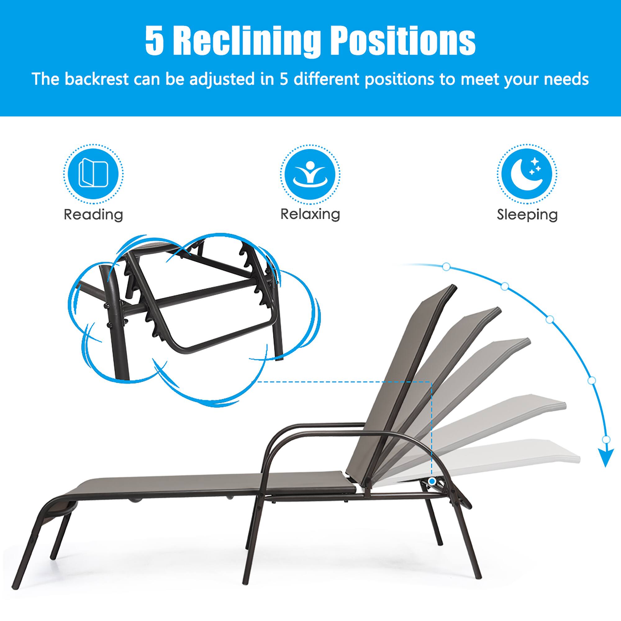 5 Reclining Positions
The backrest can be adjusted in 5 different positions to meet your needs
Reading
Relaxing
Sleeping