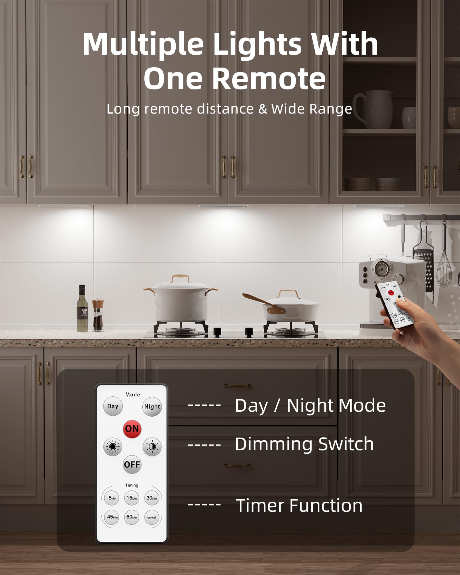 Multiple Lights With One Remote  
Long remote distance & Wide Range Mode  
Day / Night Mode  
Dimming Switch  
Timer Function