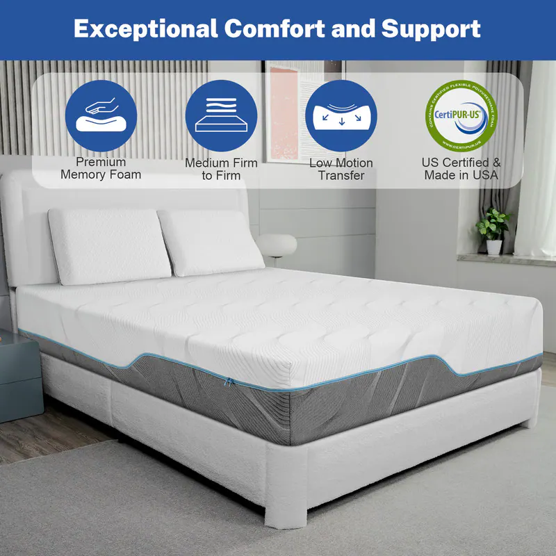 Exceptional Comfort and Support

- Premium Memory Foam
- Medium Firm to Firm
- Low Motion Transfer
- US Certified & Made in USA

CertiPUR-US
