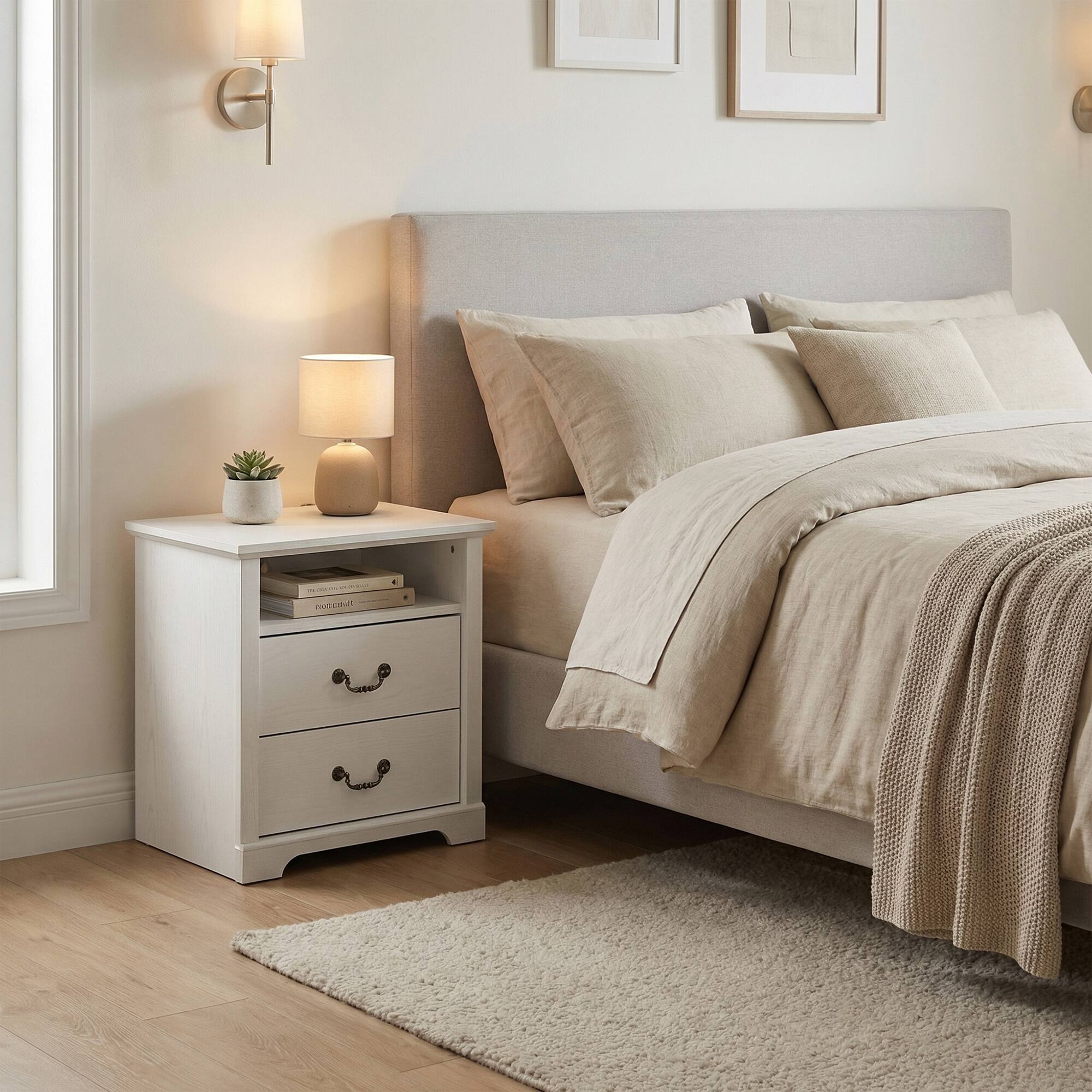 Angle. Vaczon - Rustic White Nightstand Bedside Table with Open Shelf and 2 Drawers - White.