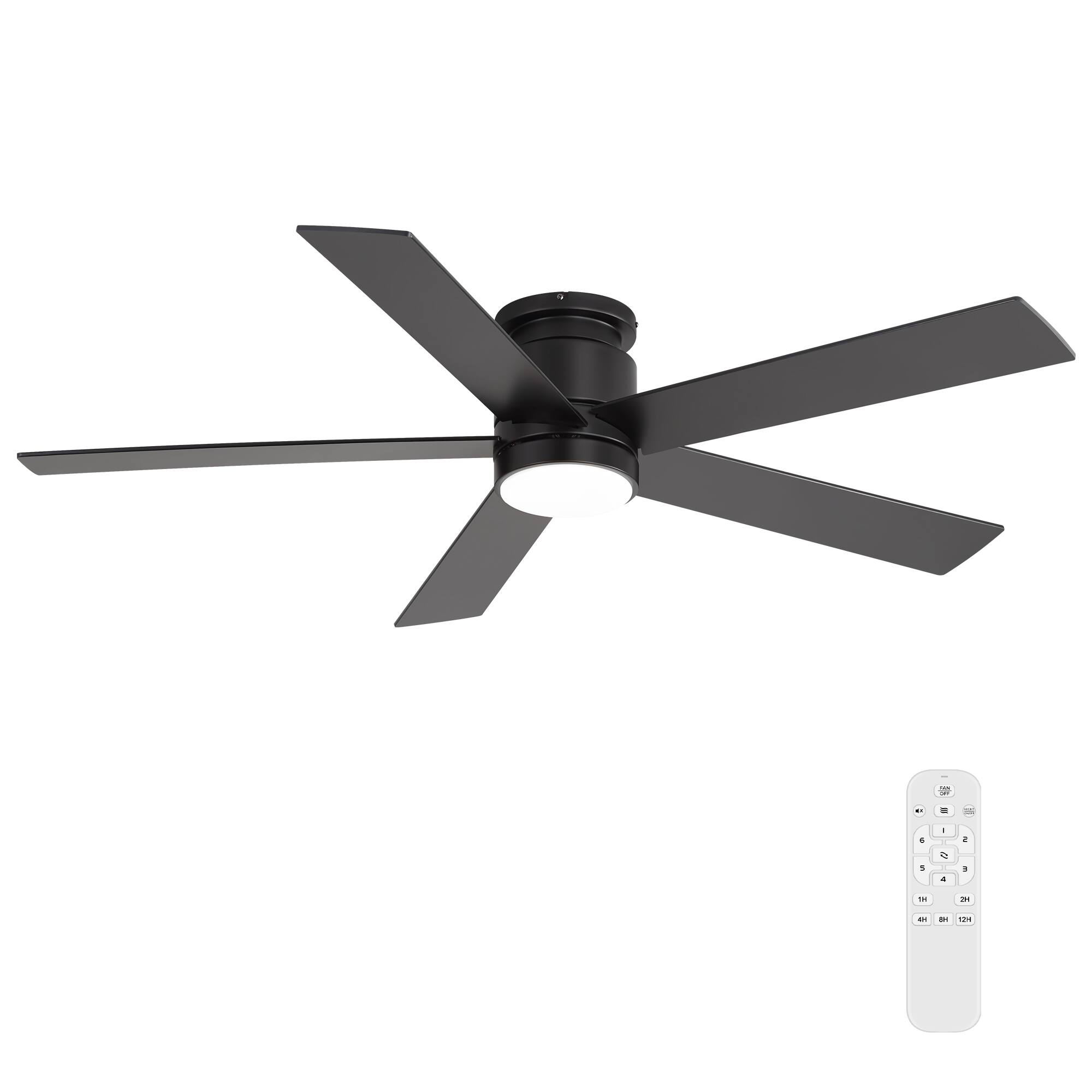 Angle. Breezary - 42"/52" Flush Mount Low Profile Ceiling Fan with LED Light, 5 Blades, DC Motor, Remote Control and Timer, for Indoor Use - Black-52 in.
