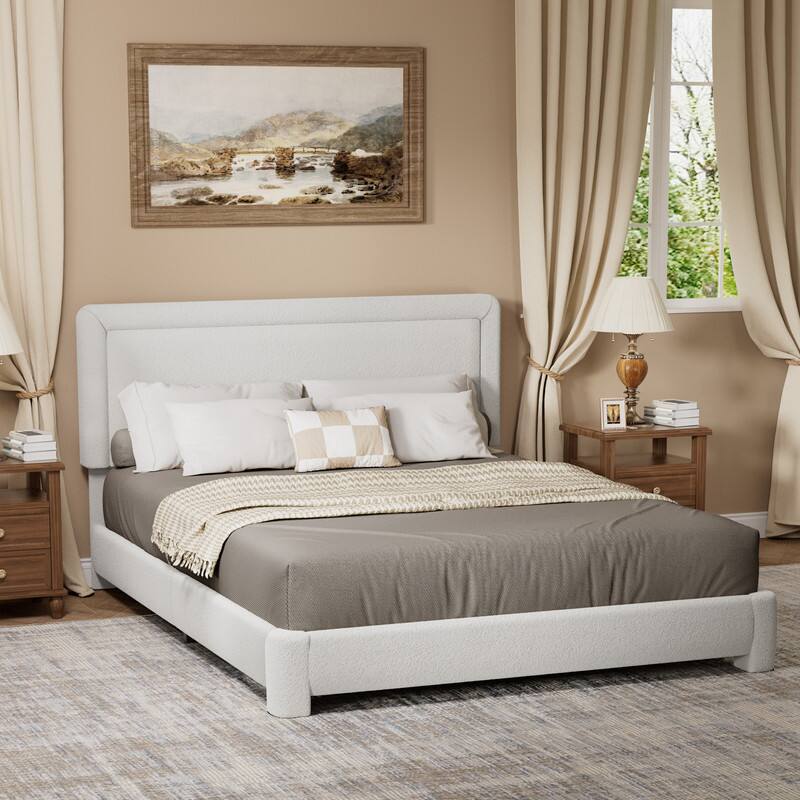 Alt View 2. Vipbear - King Size Upholstered Bed Frame with Adjustable Headboard, Soft Rounded Corners, No Box Spring Required, Easy Assembly - White.