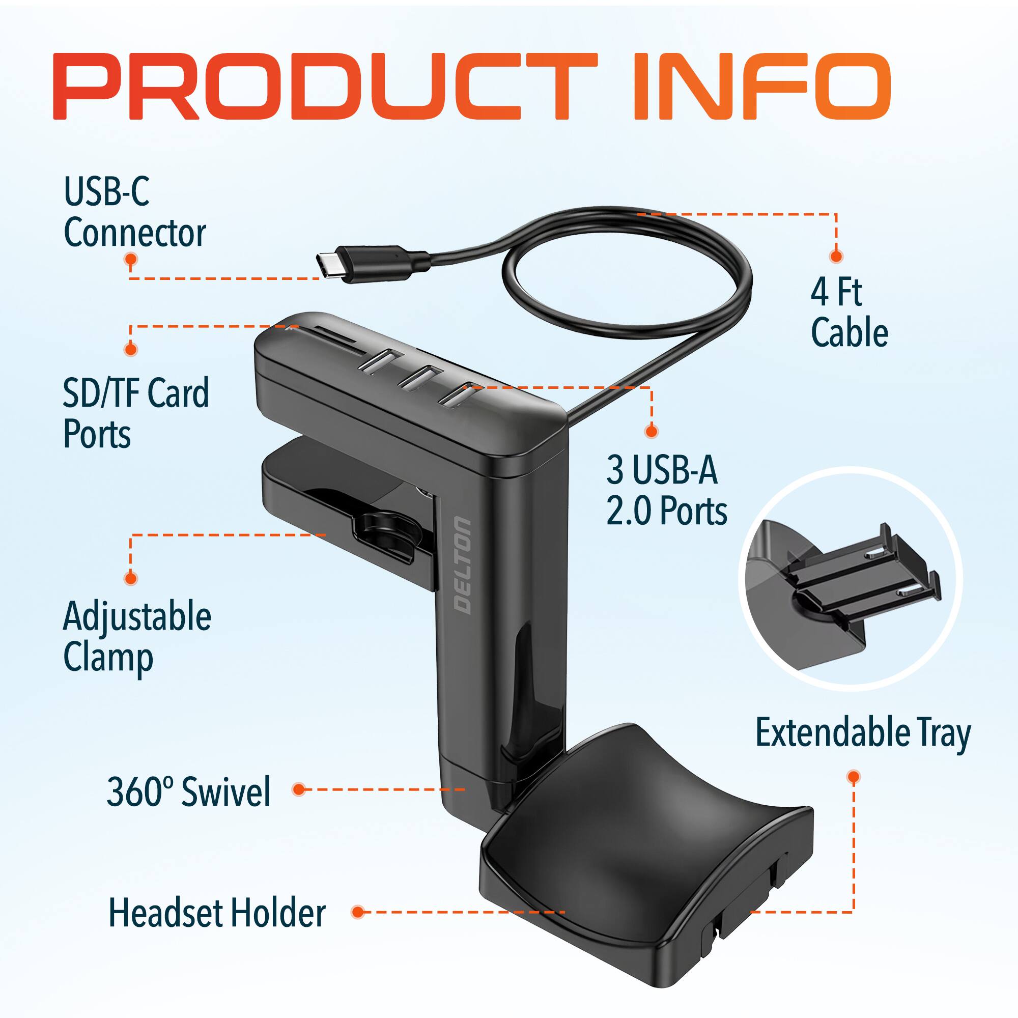 PRODUCT INFO, USB-C Connector, SD/TF Card Ports, Adjustable Clamp, 360° Swivel, DELTON, 4 Ft Cable, 3 USB-A 2.0 Ports, Extendable Tray, Headset Holder