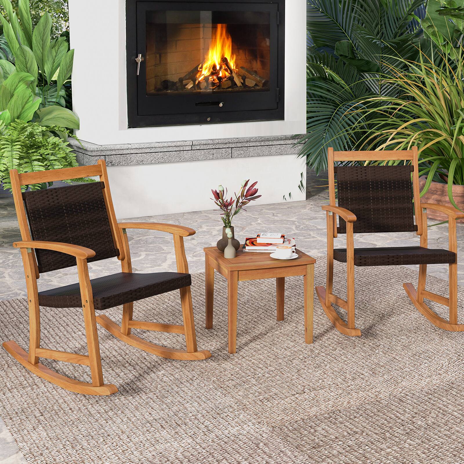 Alt View 3. Costway - Costway 3PCS Patio Rattan Rocking Chair Bistro Set Acacia Wood Frame Armrest - Mix Brown+Natural.