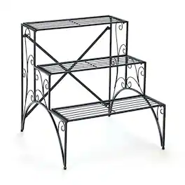 Pefilos - 3-Tier Metal Plant Stand with Widened Grid Shelf for Porch Garden- Flower Pot Stand for Planter Corner Garden - Black