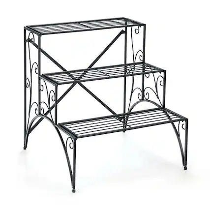 Front. Pefilos - 3-Tier Metal Plant Stand with Widened Grid Shelf for Porch Garden-Black, Flower Pot Stand for Planter Corner Garden - Black.