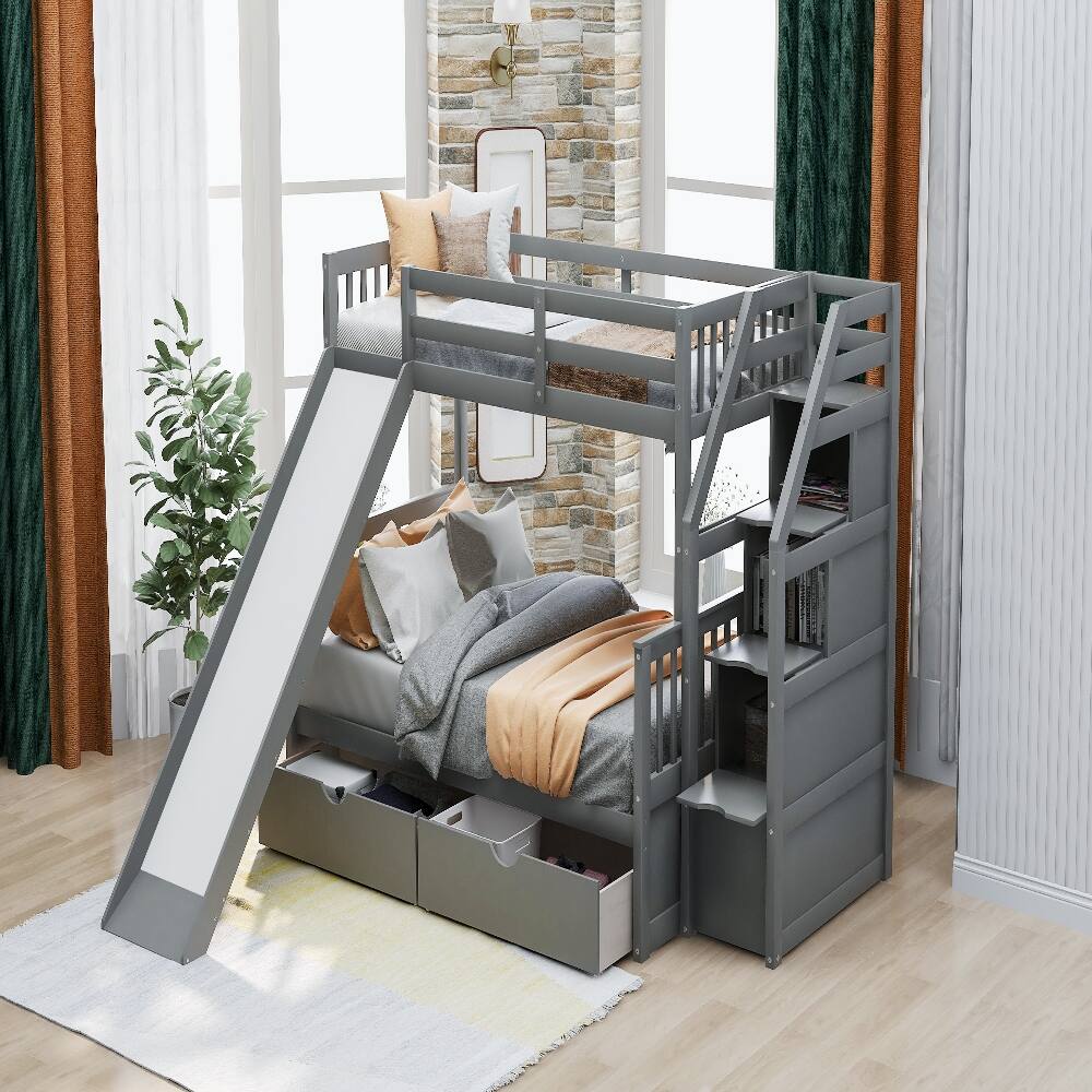 Alt View 1. Loheer - Loheer Twin Over Full Bunk Bed with Slide and Storage Drawers Gray - Gray.