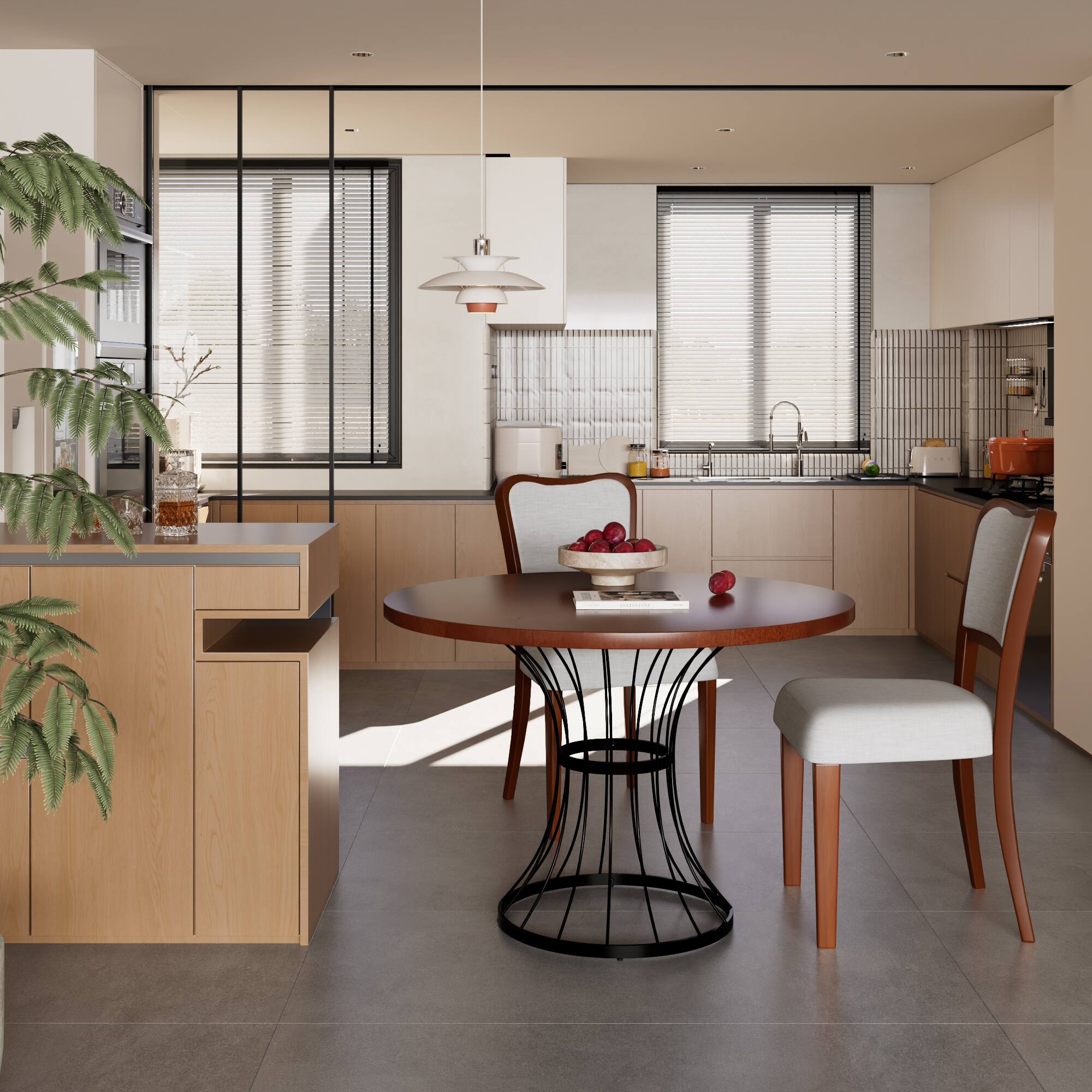 Angle. TinyHomie - 42in Round Oak Dining Set – Solid Wood-Look Veneer Table and 2 Upholstered Walnut-Finish Chairs Heavy-Duty Iron Base - Beige and Black and Walnut.