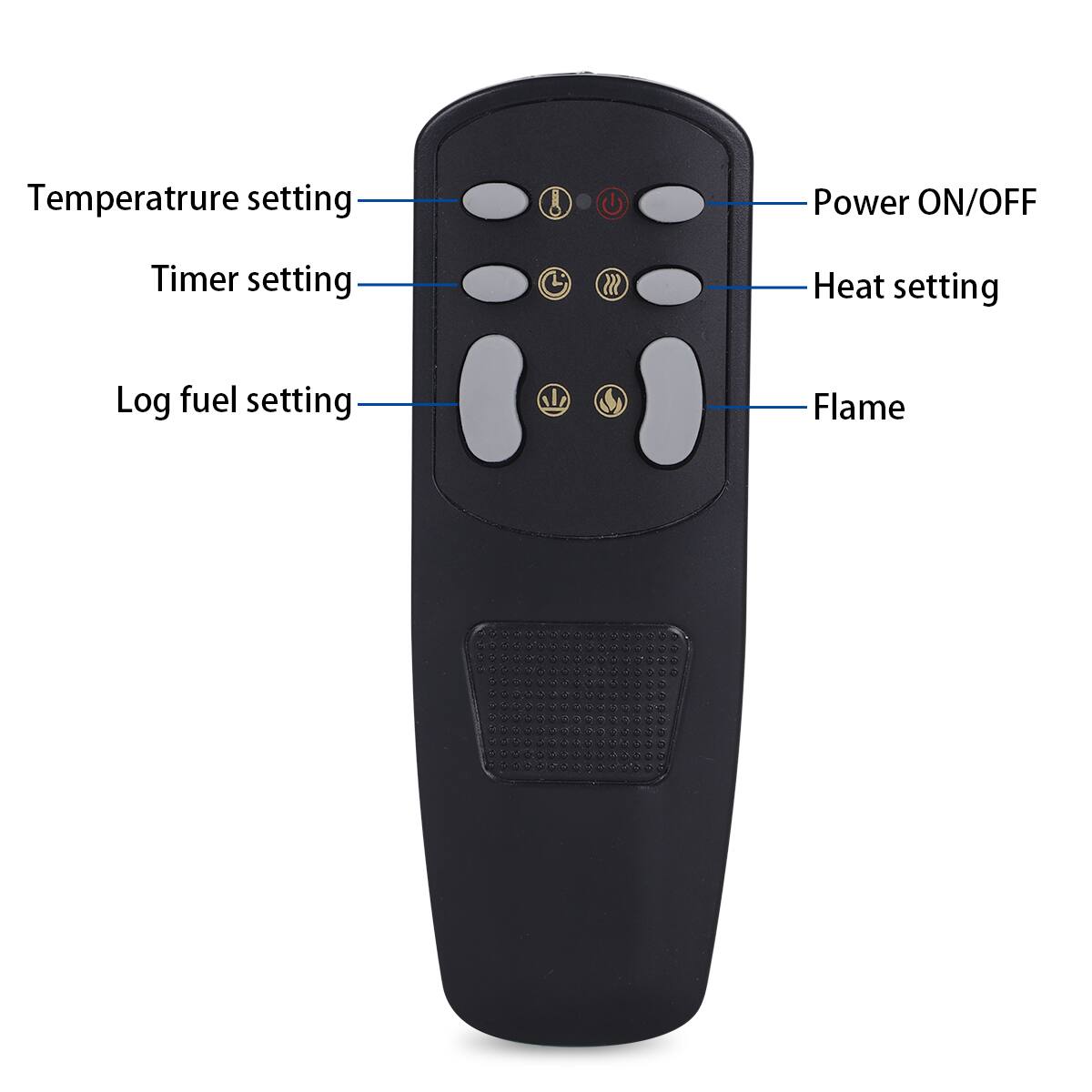 - Temperature setting
- Timer setting
- Log fuel setting
- Power ON/OFF
- Heat setting
- Flame