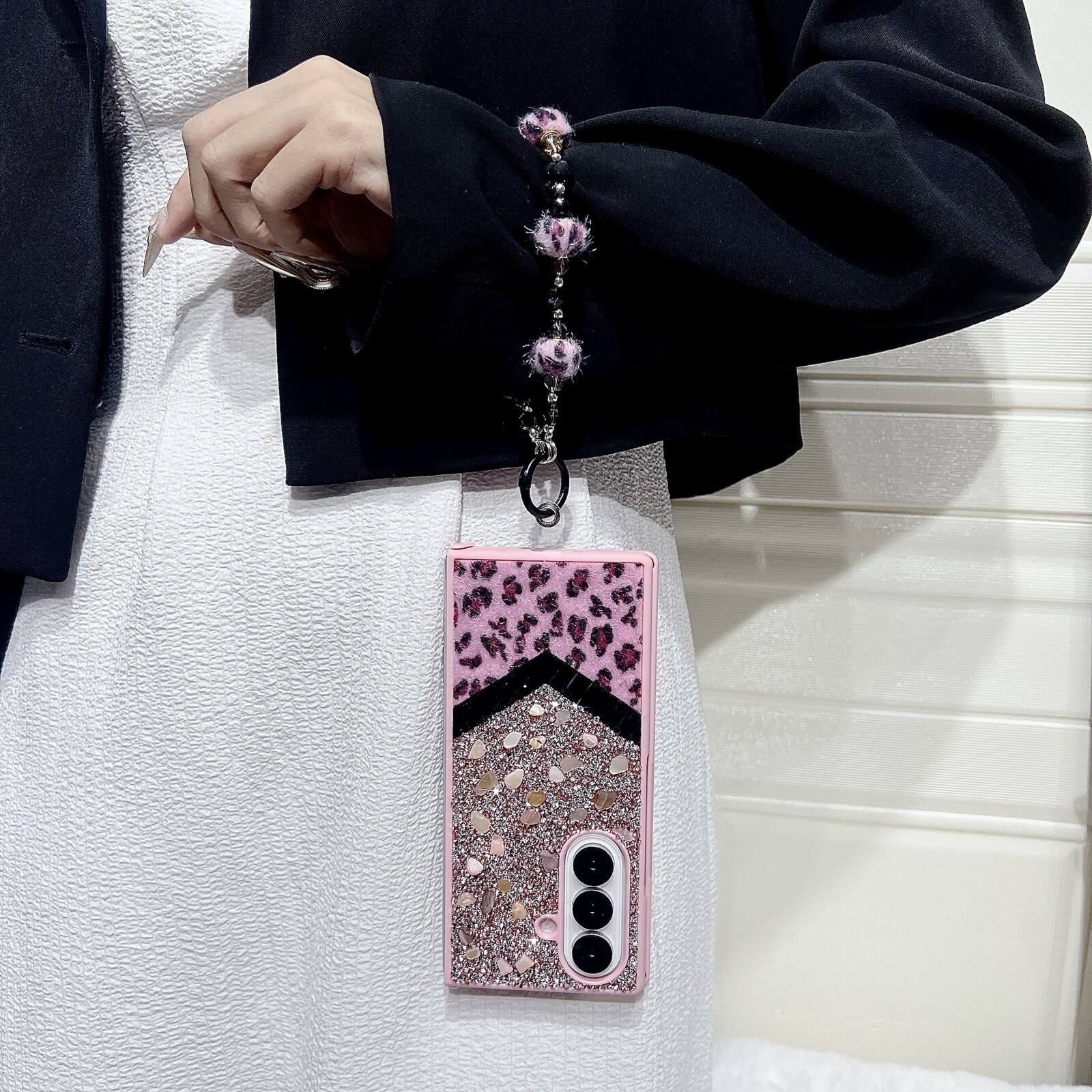 Alt View 1. Dteck - Shockproof Phone Case for Samsung Galaxy Z Fold7 with Beaded Wrist Strap, Glitter Rhinestone Hard PC Protective Cover - Pink.