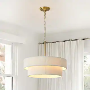 RYHNUYNE - 6 Light Double Drum Chandelier with Hand-Woven Rattan Shade, Adjustable Height Gold Pendant Light for Dining Room