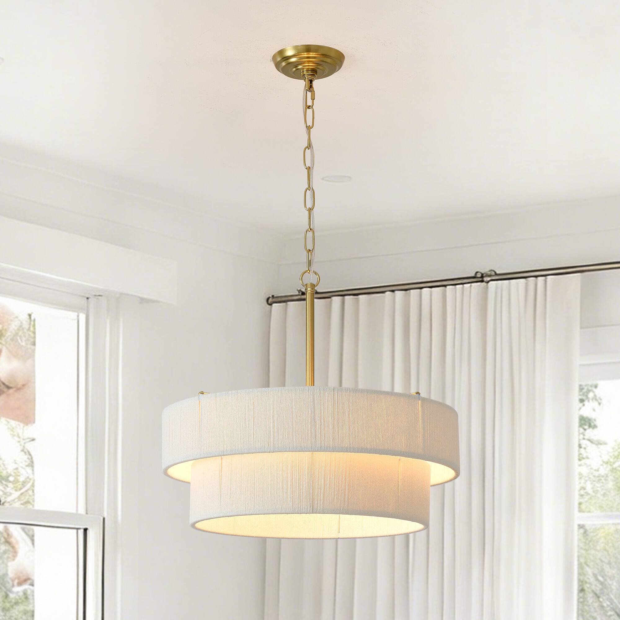 Front. RYHNUYNE - 6 Light Double Drum Chandelier with Hand-Woven Rattan Shade, Adjustable Height Gold Pendant Light for Dining Room.