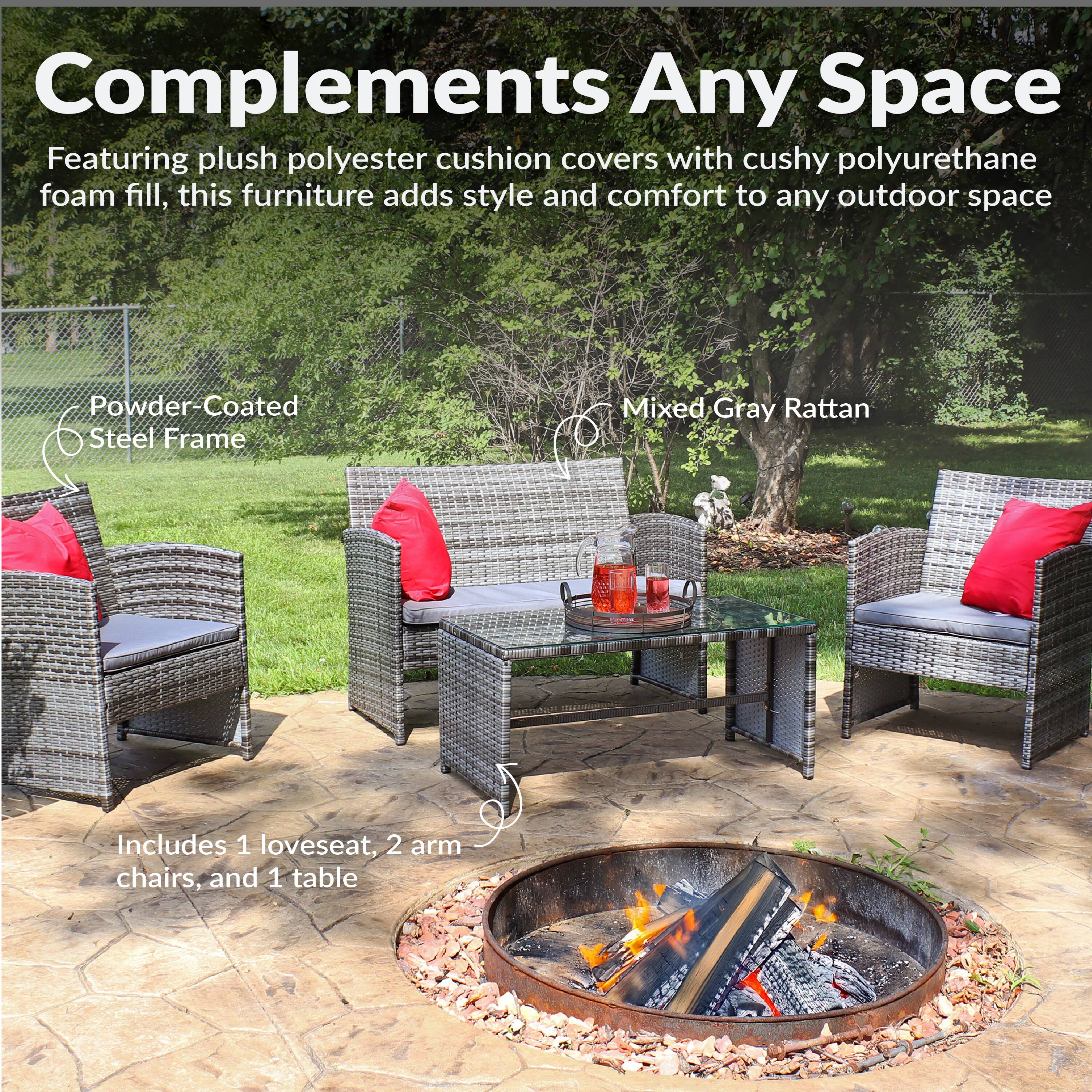 Complements Any Space

Featuring plush polyester cushion covers with cushy polyurethane foam fill, this furniture adds style and comfort to any outdoor space.

- Powder-Coated Steel Frame
- Mixed Gray Rattan

Includes 1 loveseat, 2 arm chairs, and 1 table