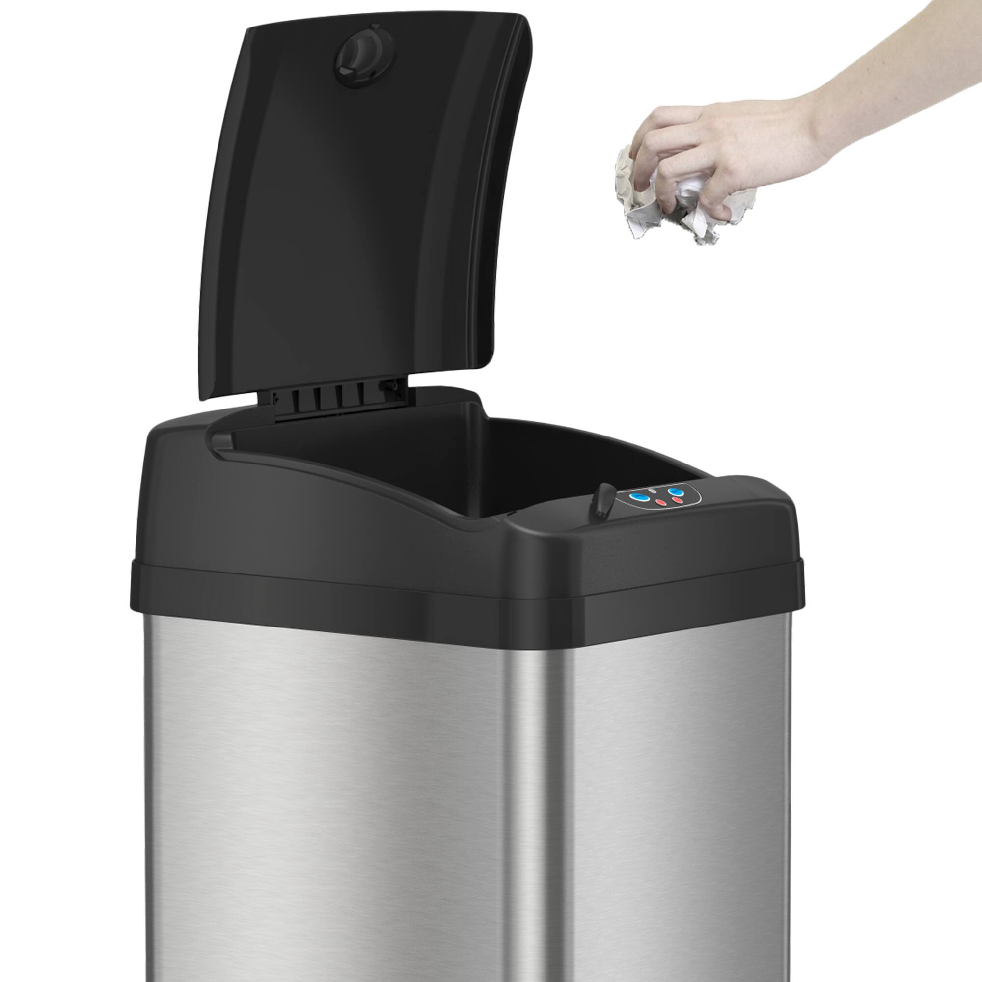 Left. iTouchless - 13-Gal. Touchless Trash Can - Stainless Steel.