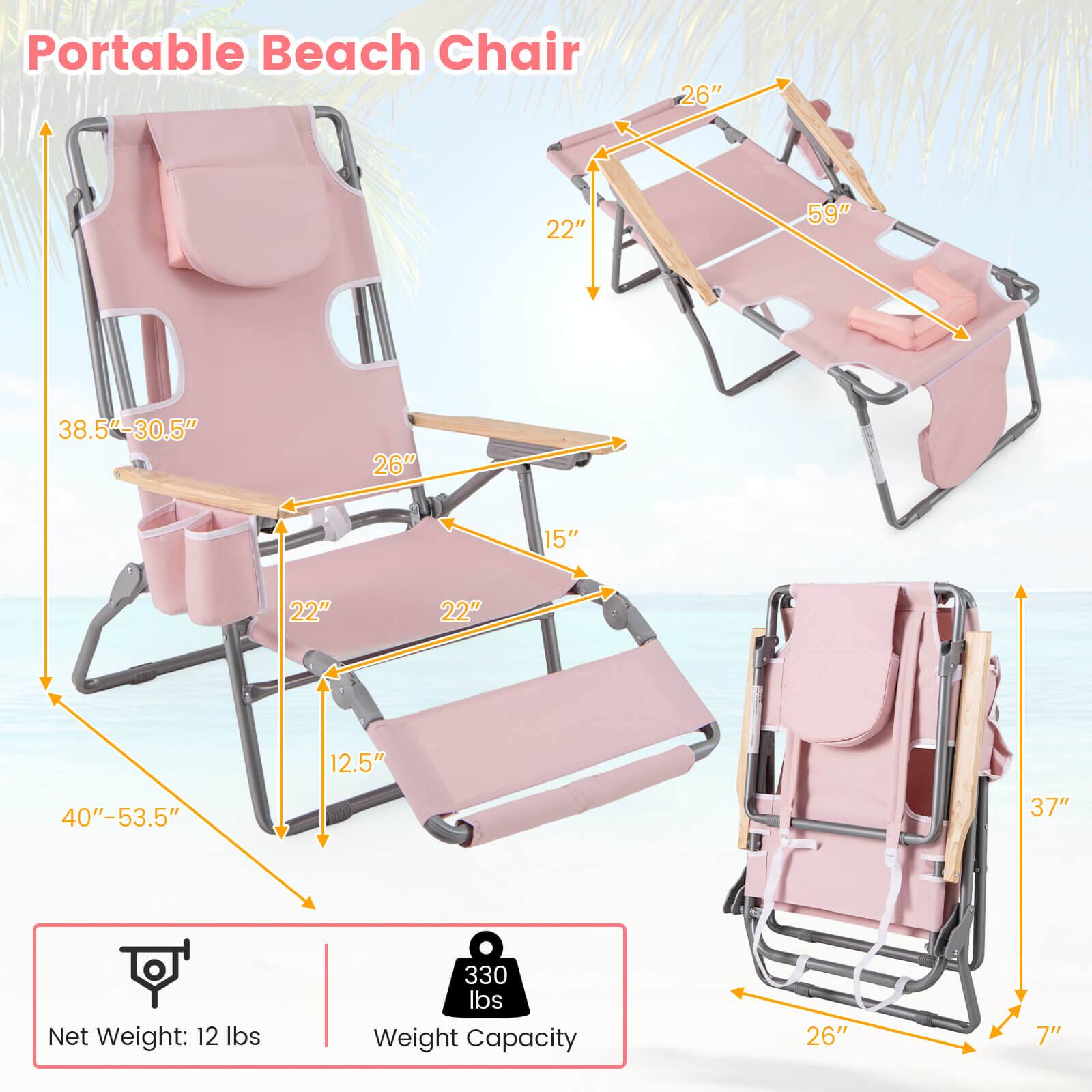 Portable Beach Chair

- Seat Height: 38.5"-30.5"
- Seat Width: 26"
- Back Height: 59"
- Armrest Height: 22"
- Seat Depth: 22"
- Seat Thickness: 15"
- Backrest Width: 22"
- Backrest Thickness: 12.5"
- Legroom: 40"-53.5"
- Folded Height: 37"
- Folded Width: 26"
- Folded Depth: 7"

Net Weight: 12 lbs
Weight Capacity: 330 lbs