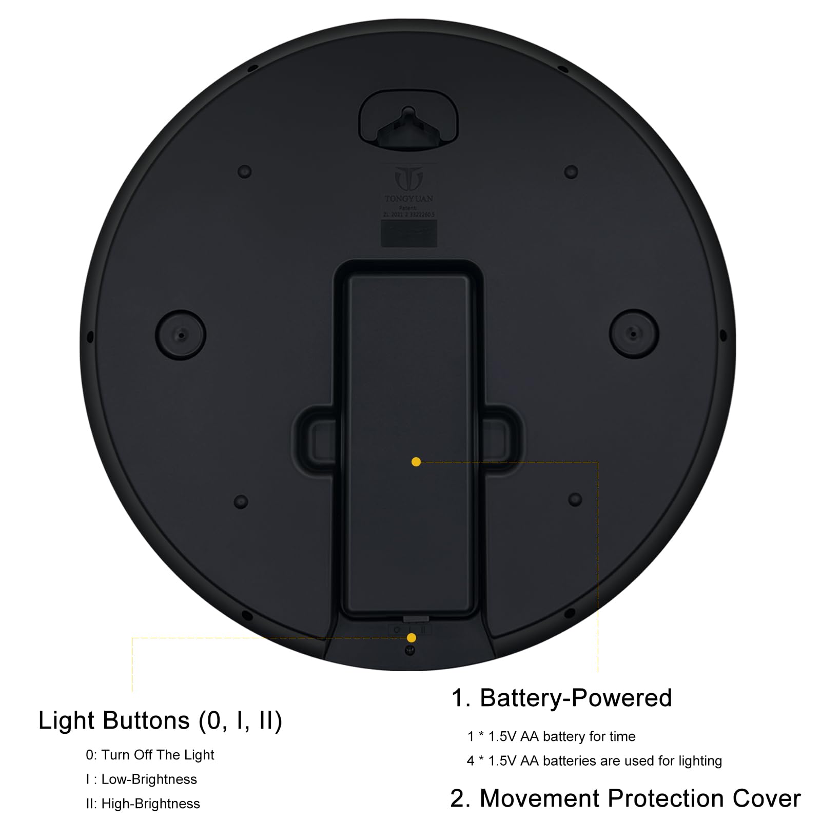 Sure, here is the corrected and grouped text:

---

**TONOYUAN UAN Fams 2 a Hrs**

**Light Buttons (0, I, II)**
- 0: Turn Off The Light
- I: Low-Brightness
- II: High-Brightness

**1. Battery-Powered**
- 1 * 1.5V AA battery for time
- 4 * 1.5V AA batteries are used for lighting

**2. Movement Protection Cover**

---