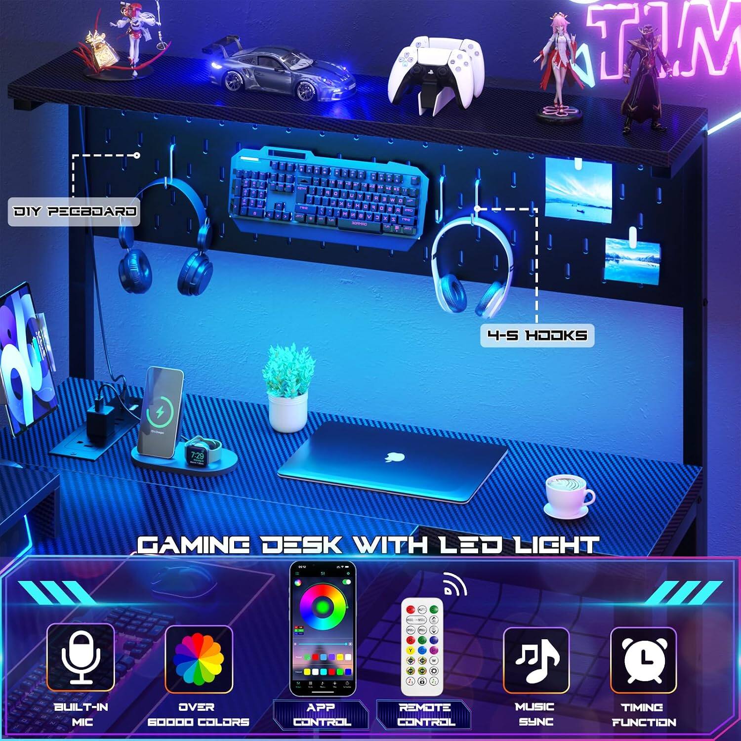 DIY PEGBOARD

4-5 HOOKS

GAMING DESK WITH LED LIGHT

BUILT-IN MIC

OVER 60000 COLORS

APP CONTROL

REMOTE CONTROL

MUSIC SYNC

TIMING FUNCTION