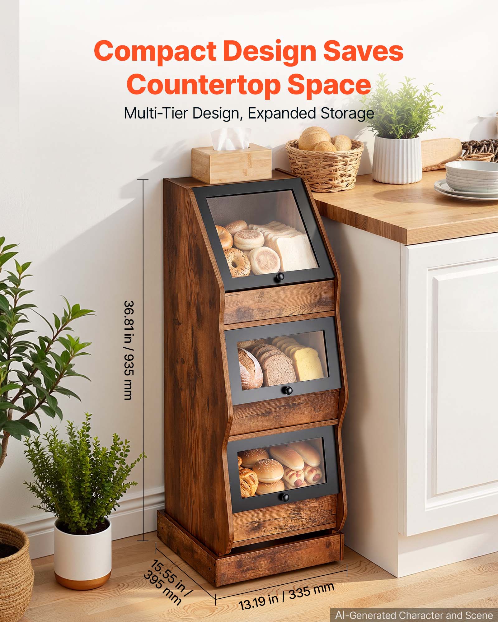 Compact Design Saves Countertop Space  
Multi-Tier Design, Expanded Storage  
36.81 in / 935 mm  
15.55 in / 395 mm  
13.19 in / 335 mm  
AI-Generated Character and Scene