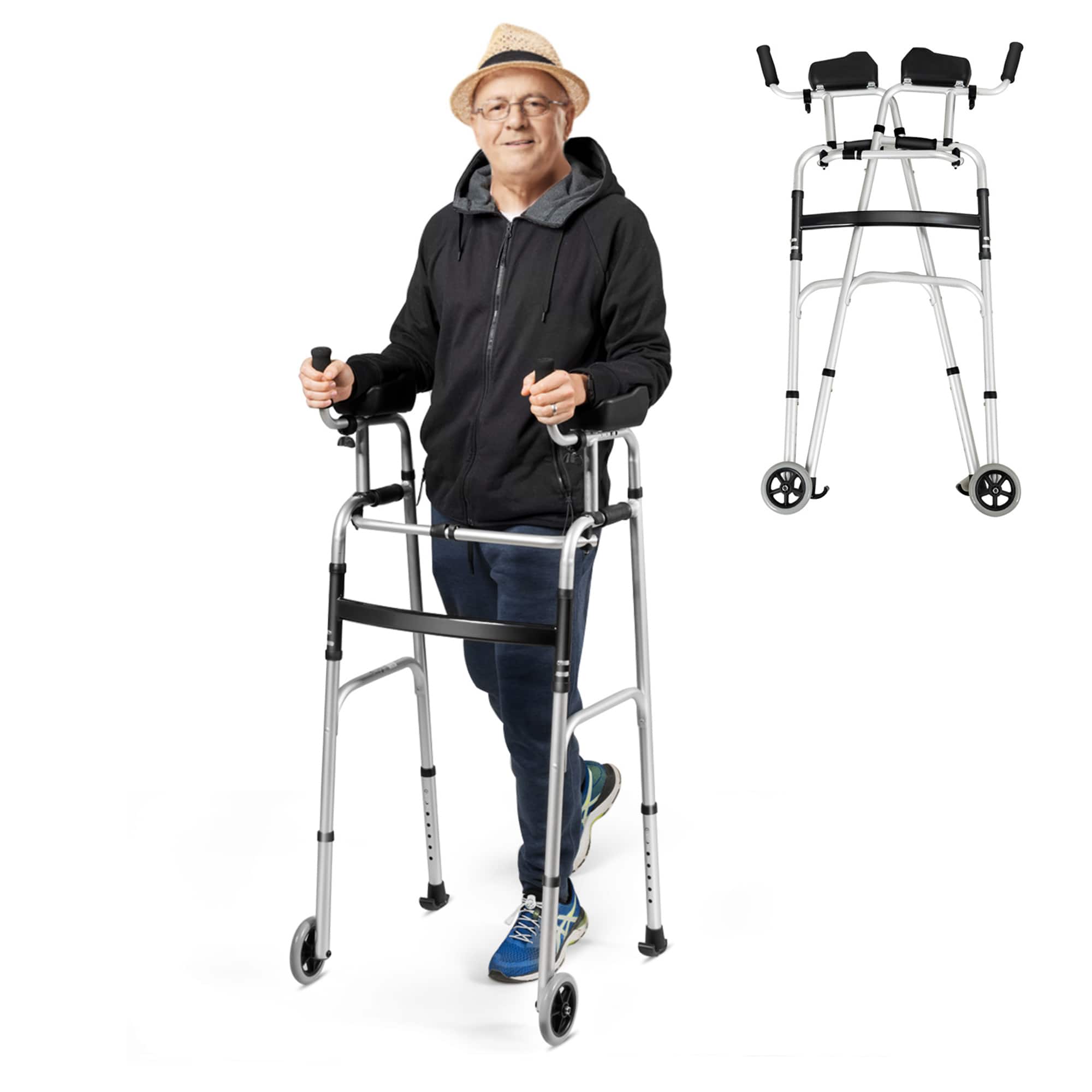 Gymax - Folding Walker Adjustable Walking Frame Aluminum Walking Aid w/ Wheels - Silver