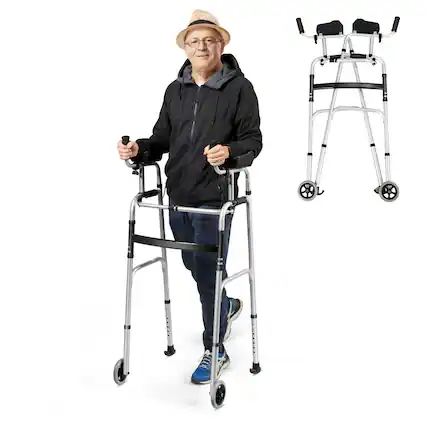 Front. Gymax - Gymax Folding Walker Adjustable Walking Frame Aluminum Walking Aid w/ Wheels Silver - Silver.