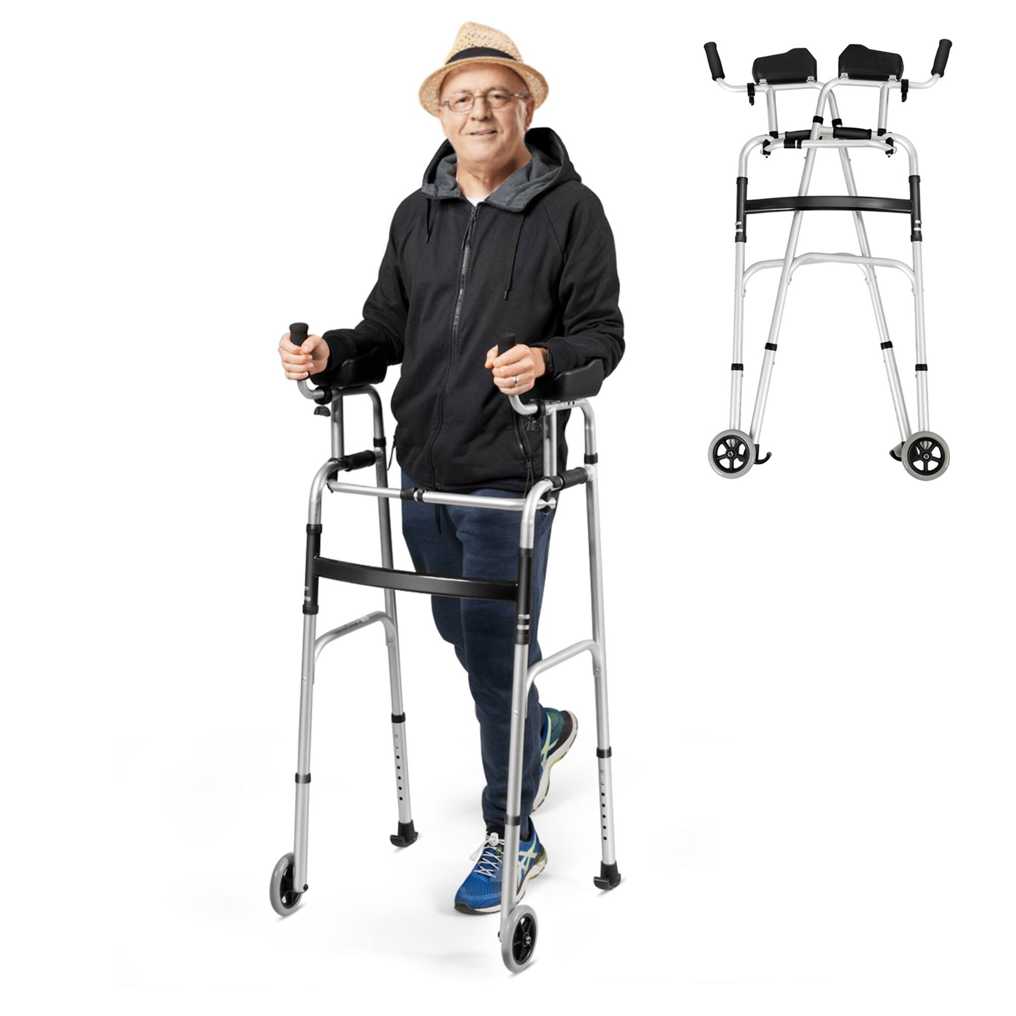 Front. Gymax - Gymax Folding Walker Adjustable Walking Frame Aluminum Walking Aid w/ Wheels Silver - Silver.