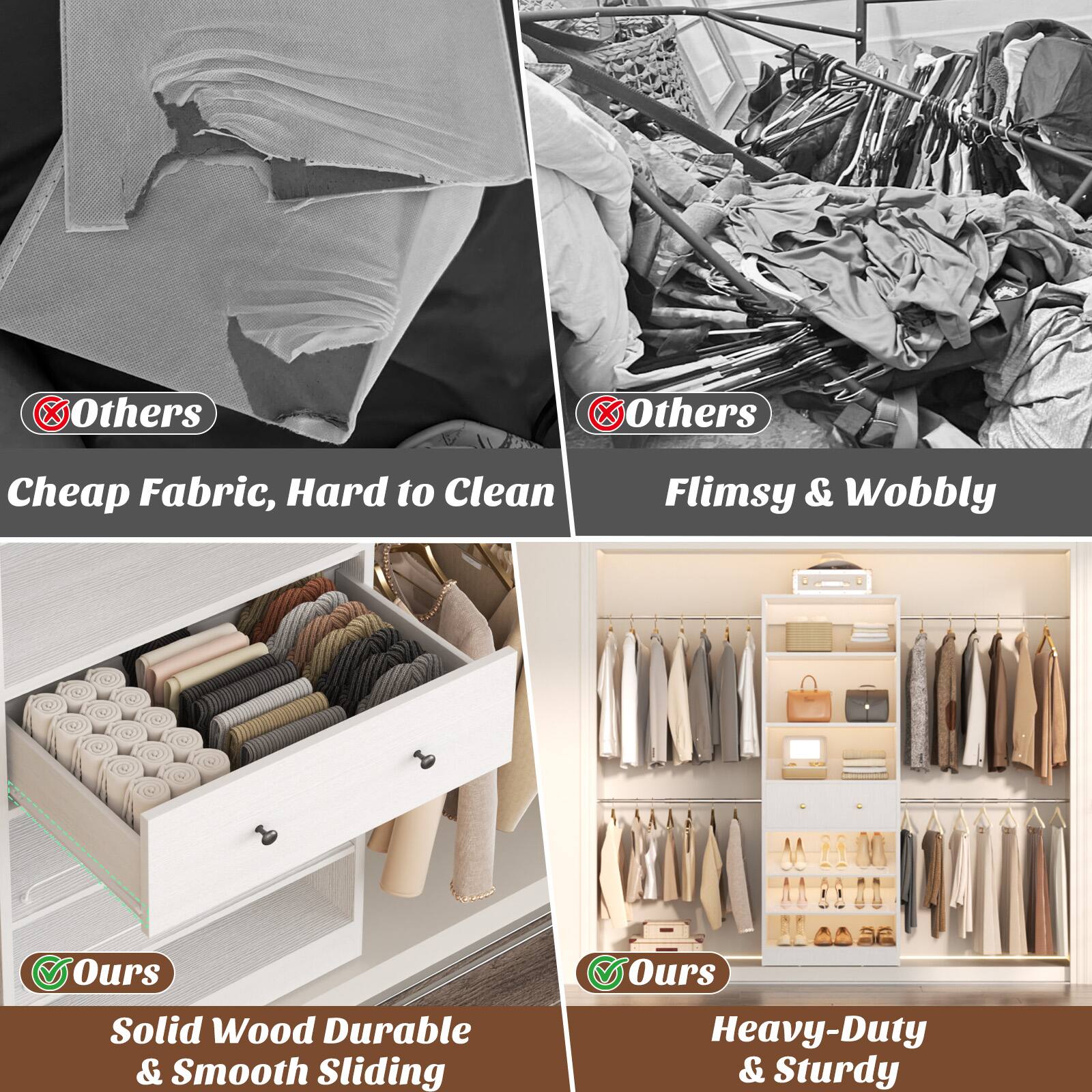 Others: Cheap Fabric, Hard to Clean  
Others: Flimsy & Wobbly  
Ours: Solid Wood Durable & Smooth Sliding  
Ours: Heavy-Duty & Sturdy