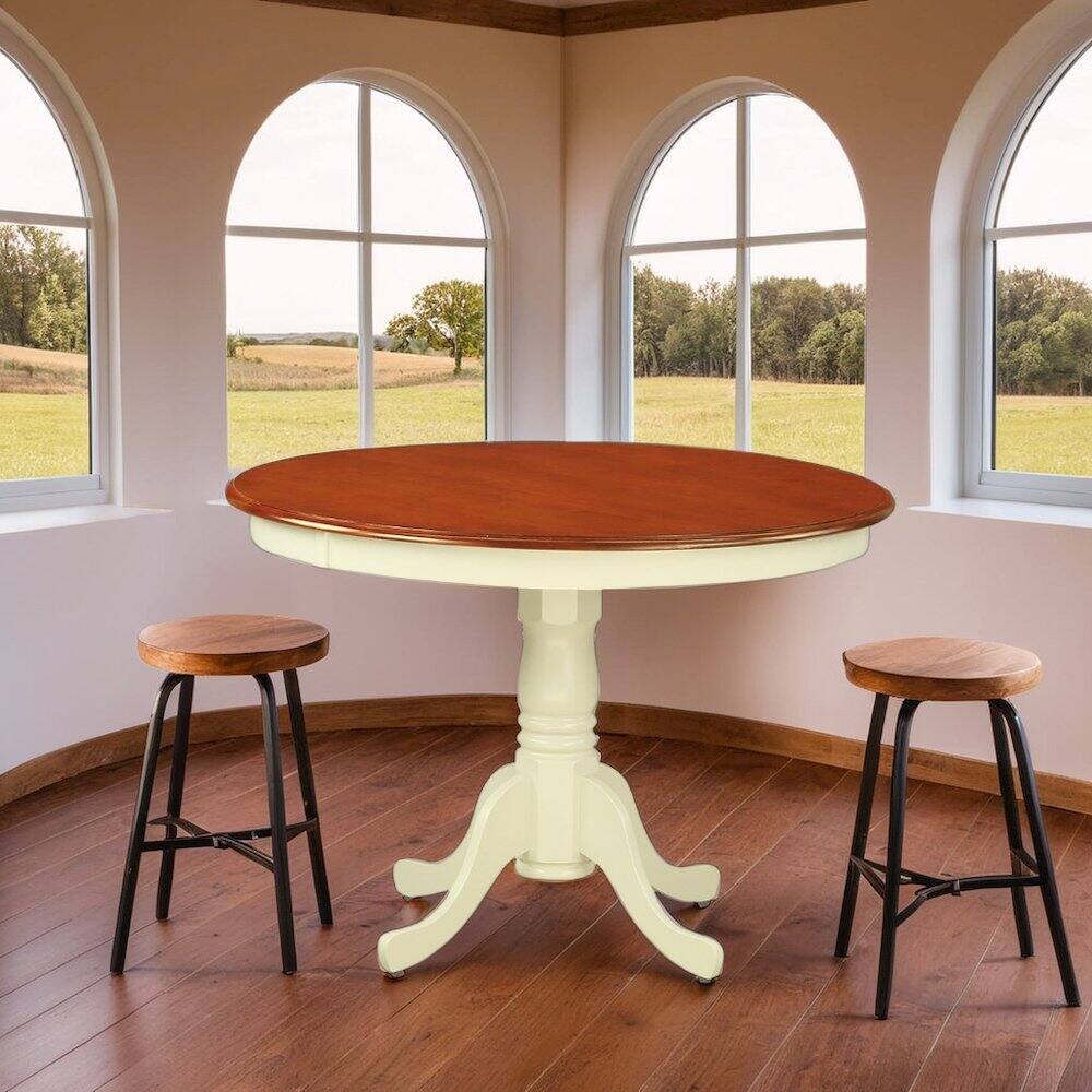 Angle. FurniFact - Small Round Kitchen Table for Dining Room with Classic Wooden Finish - Buttermilk & Cherry.