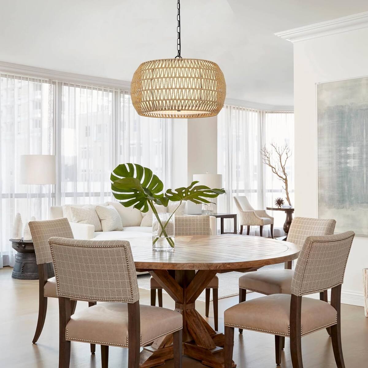 Alt View 4. Loheer - Loheer Five Light Rattan Chandelier, Brown Farmhouse Dining Room Pendant Light.