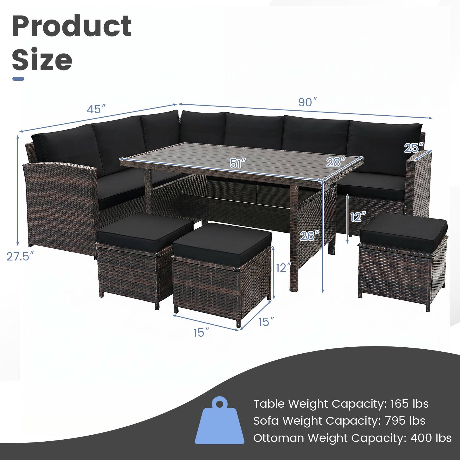 Product Size: 45" x 90" x 51" x 28" x 25" x 27.5" x 26" x 12" x 12" x 15" x 15"

Table Weight Capacity: 165 lbs  
Sofa Weight Capacity: 795 lbs  
Ottoman Weight Capacity: 400 lbs
