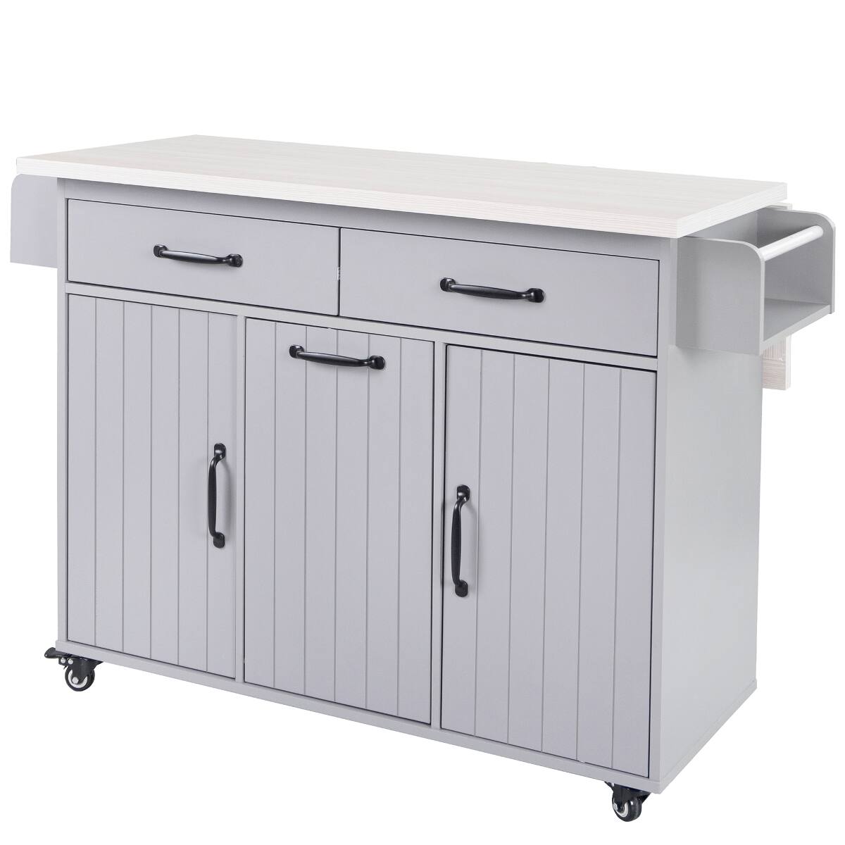 Back. Loheer - Loheer Grey Kitchen Island with Trash Can Storage, Rolling Kitchen Cart with Drop Leaf and Spice Rack, 51-Inch - Grey.