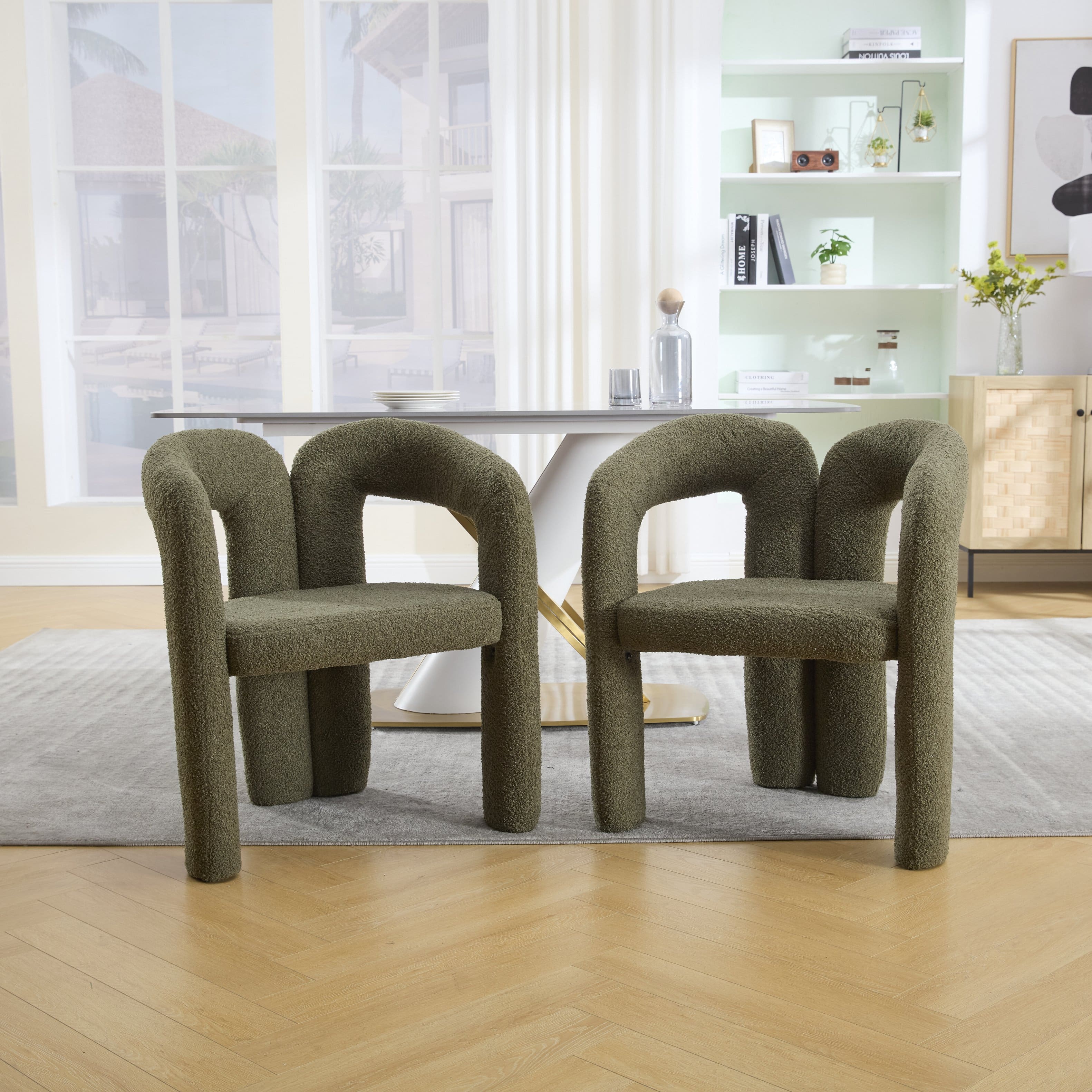 Trinkets Crazed - Modern Barrel Dining Chairs Set of 2, Teddy Velvet Fabric Upholstered Kitchen Accent Chairs with Arms/Open Back - Olive Green