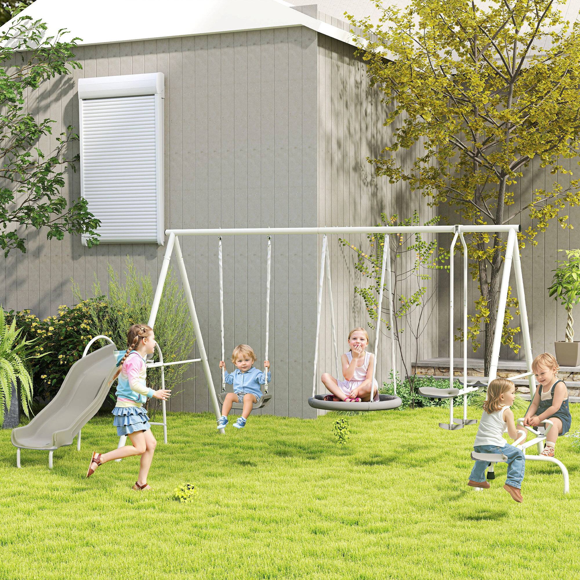 Alt View 1. Outsunny - in 1 Kids Swing Set for Backyard with Heavy-Duty A-Frame Stand, Saucer Swing, Slide, Seesaw, Glider - Gray.