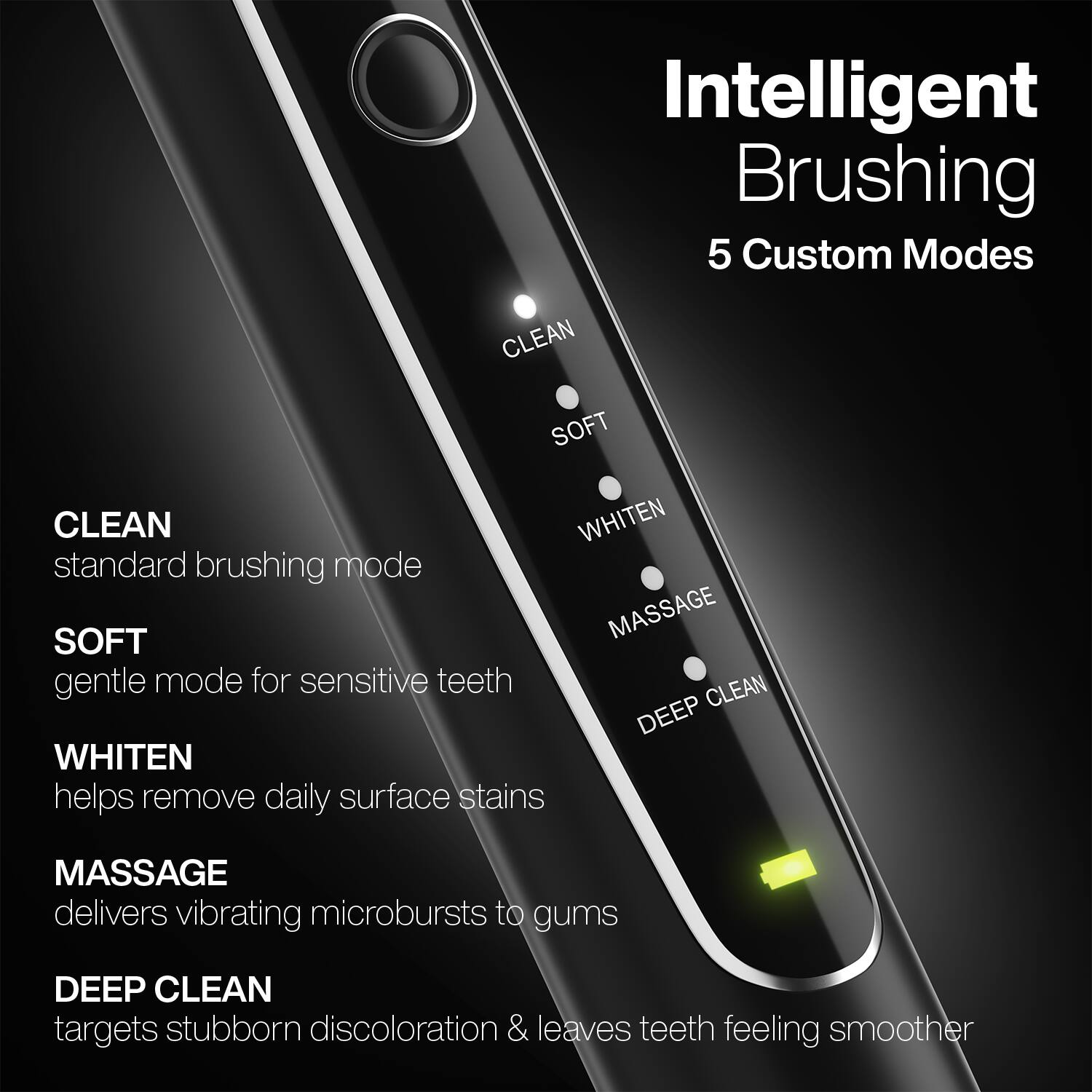 Intelligent Brushing  
5 Custom Modes

- CLEAN  
  standard brushing mode

- SOFT  
  gentle mode for sensitive teeth

- WHITEN  
  helps remove daily surface stains

- MASSAGE  
  delivers vibrating microbursts to gums

- DEEP CLEAN  
  targets stubborn discoloration & leaves teeth feeling smoother