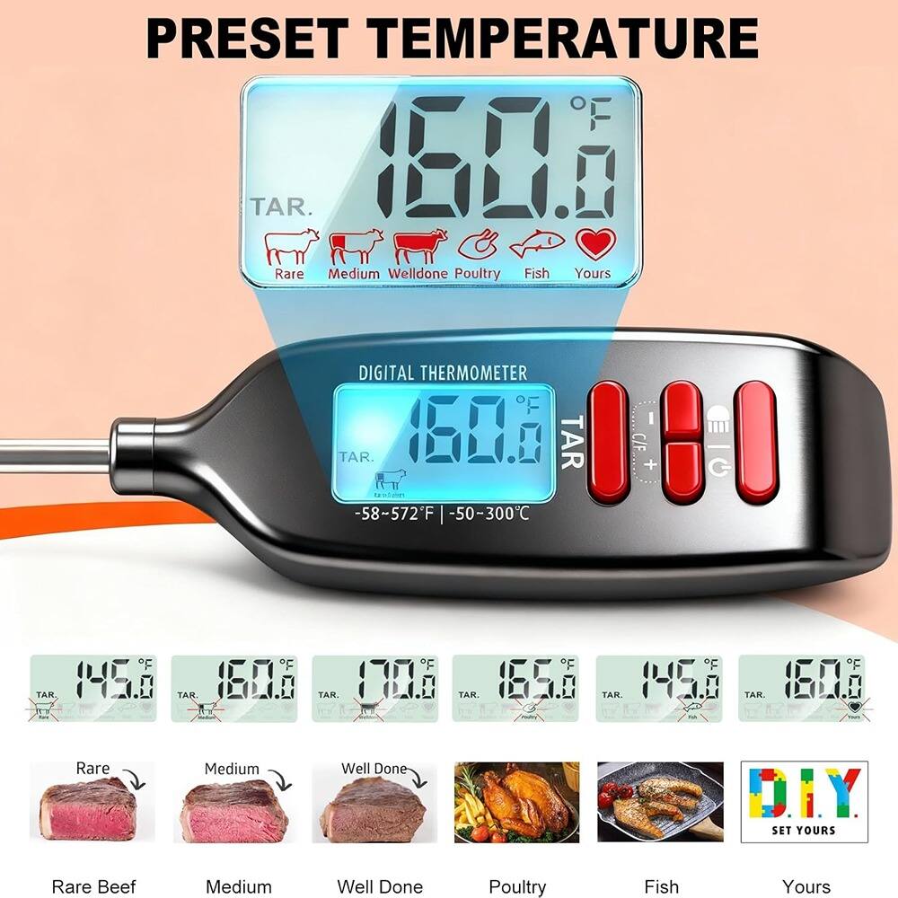 **PRESET TEMPERATURE**

- **TAR.**
  - Rare
  - Medium
  - Well Done
  - Poultry
  - Fish
  - Yours

**DIGITAL THERMOMETER**
- -58~572°F
- -50~300°C

**SET YOURS**

**Rare Beef**
- 145.0°F

**Medium**
- 160.0°F

**Well Done**
- 170.0°F

**Poultry**
- 165.0°F

**Fish**
- 145.0°F

**Yours**
- 160.0°F
