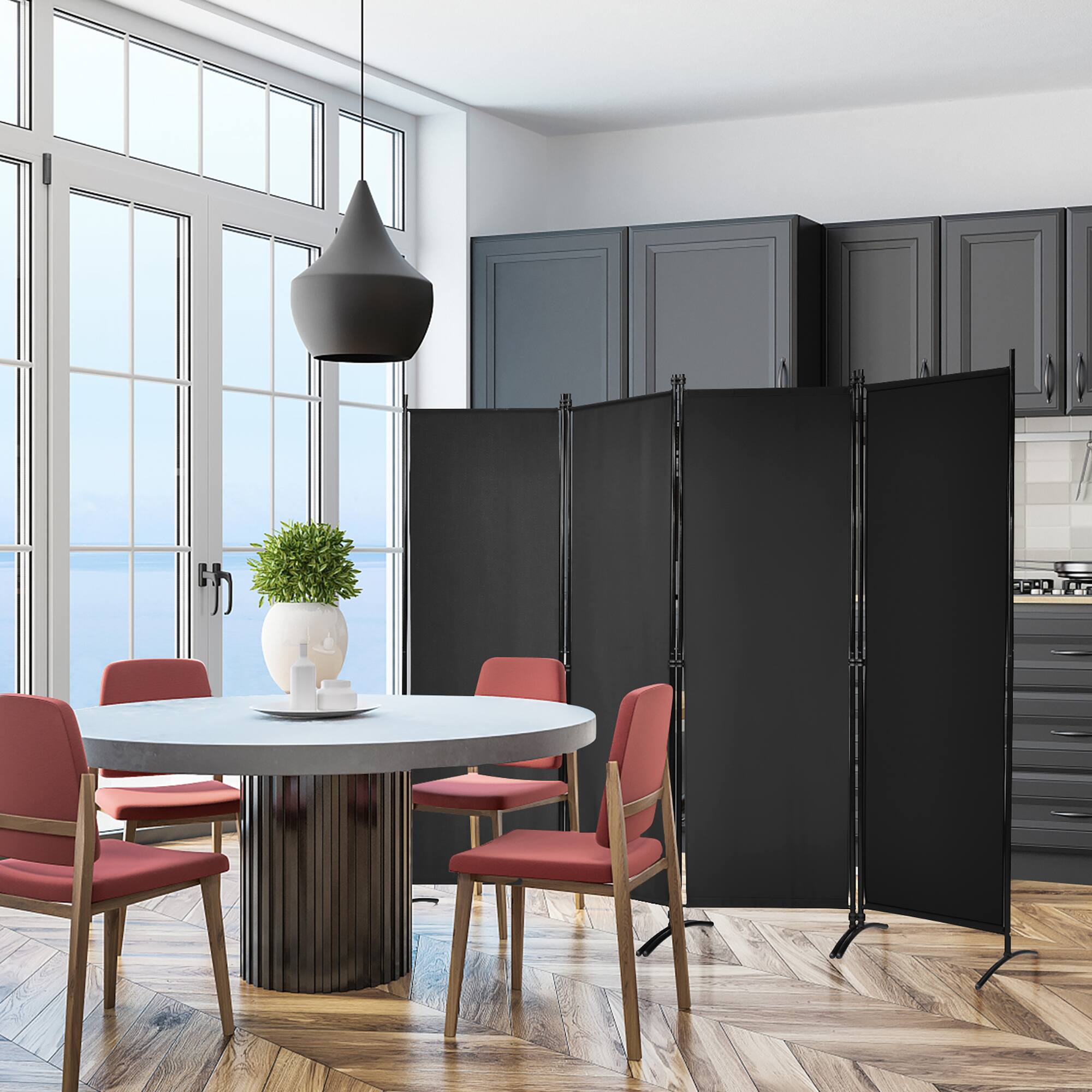 Alt View 1. Costway - Costway 4-Panel 5.6ft Room Divider Folding Fabric Privacy Screen w/Steel Frame - Black.