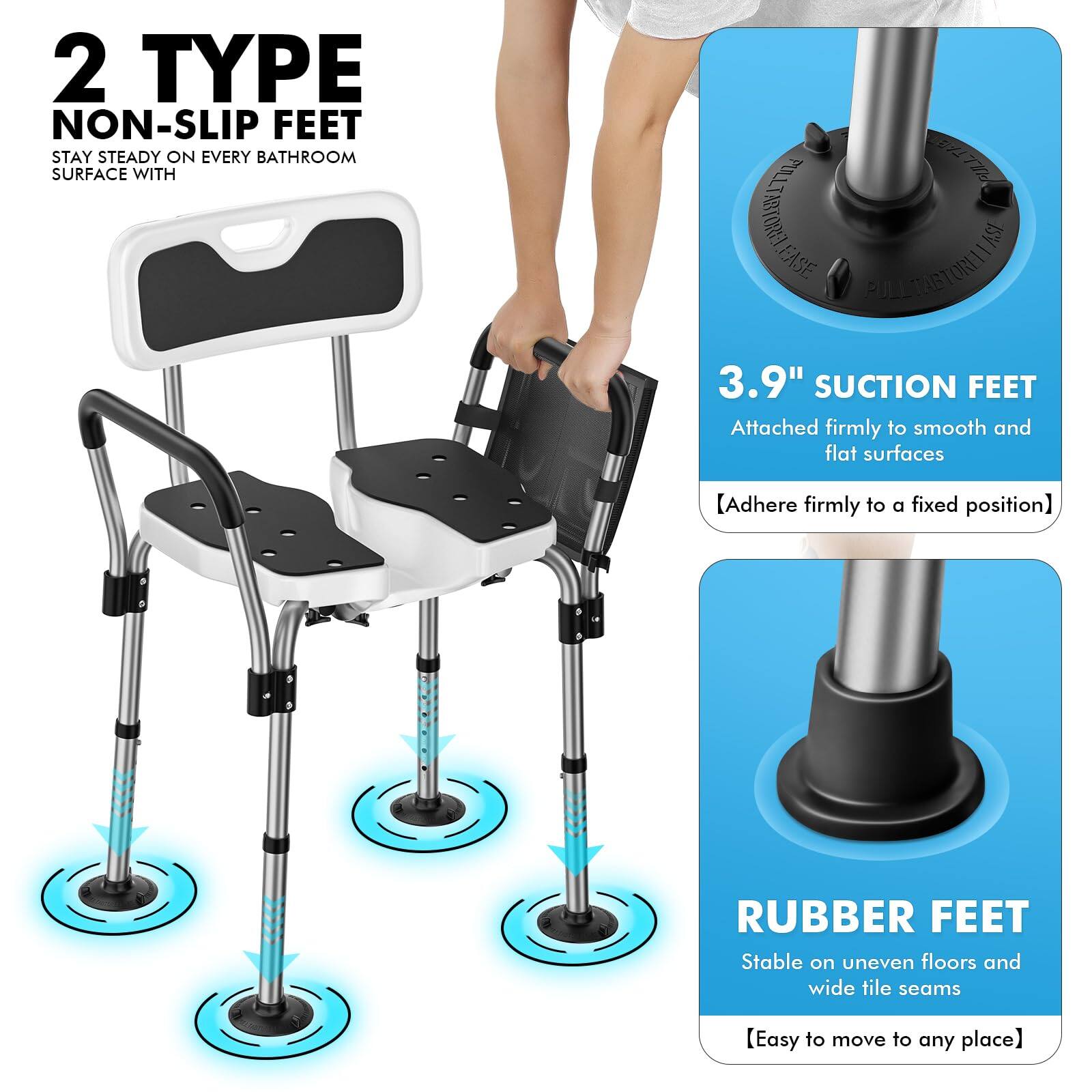 2 TYPE NON-SLIP FEET  
STAY STEADY ON EVERY BATHROOM SURFACE WITH

3.9" SUCTION FEET  
Attached firmly to smooth and flat surfaces  
[Adhere firmly to a fixed position]

RUBBER FEET  
Stable on uneven floors and wide tile seams  
[Easy to move to any place]